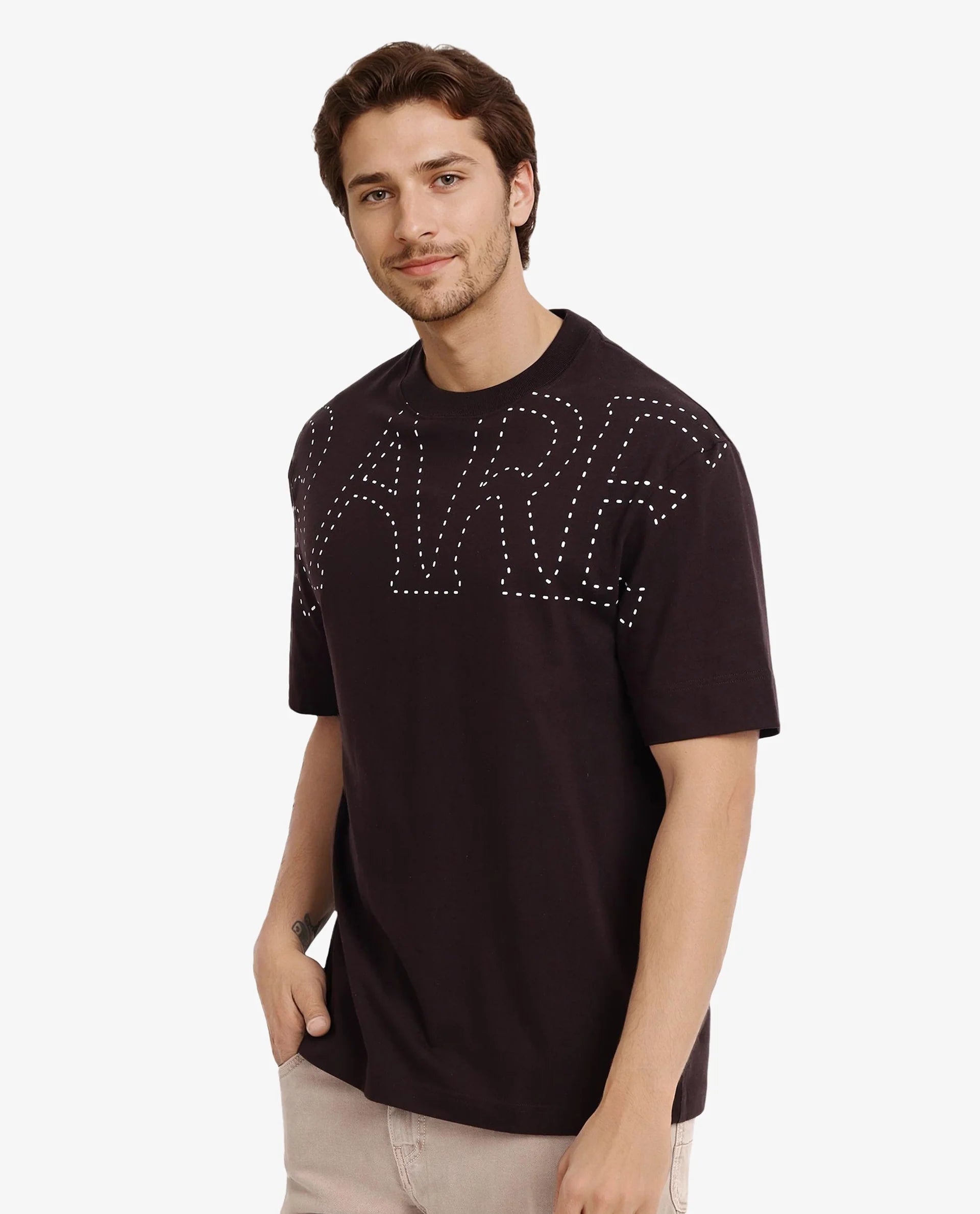 Rare Rabbit Men Galloway Dark Brown Cotton Fabric Short Sleeve Crew Neck Oversized Fit Typo Graphic Print T-Shirt