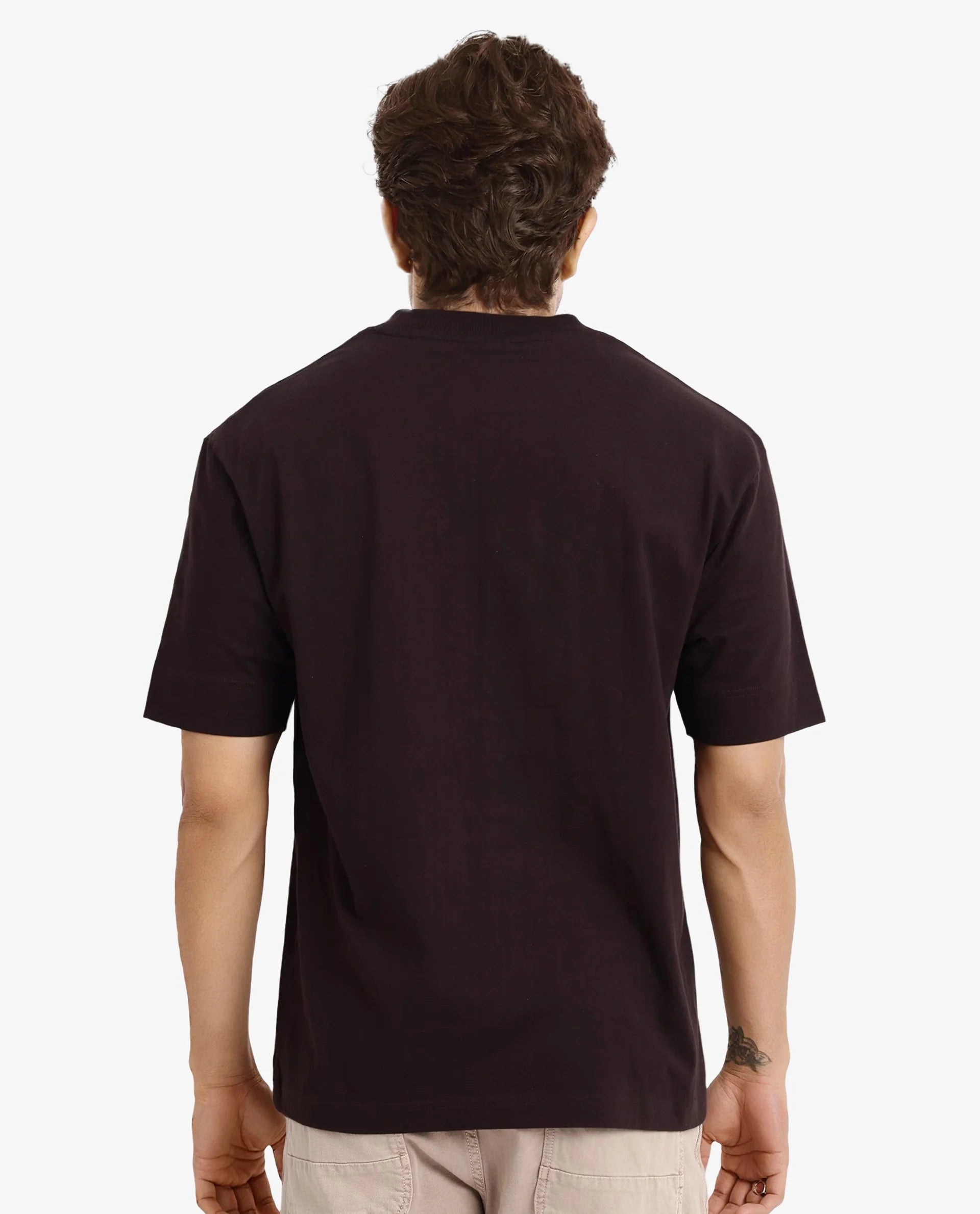 Rare Rabbit Men Galloway Dark Brown Cotton Fabric Short Sleeve Crew Neck Oversized Fit Typo Graphic Print T-Shirt