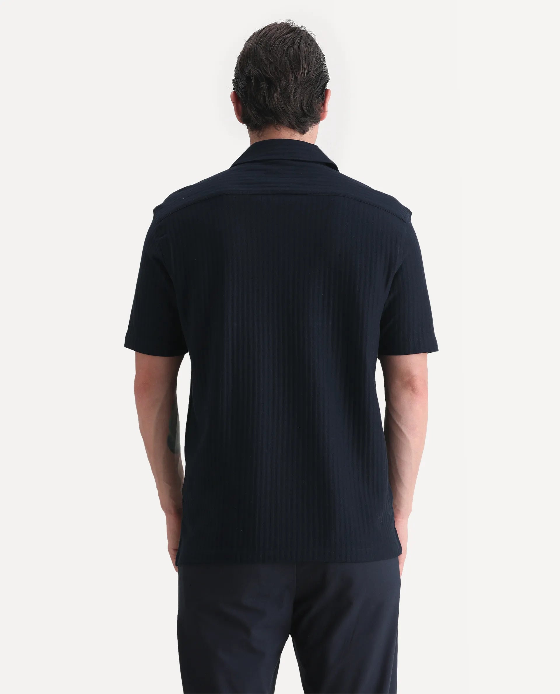 Rare Rabbit Men's Galo Navy Cotton Plain Relaxed Fit Half Sleeve Cuban Collar Shirt