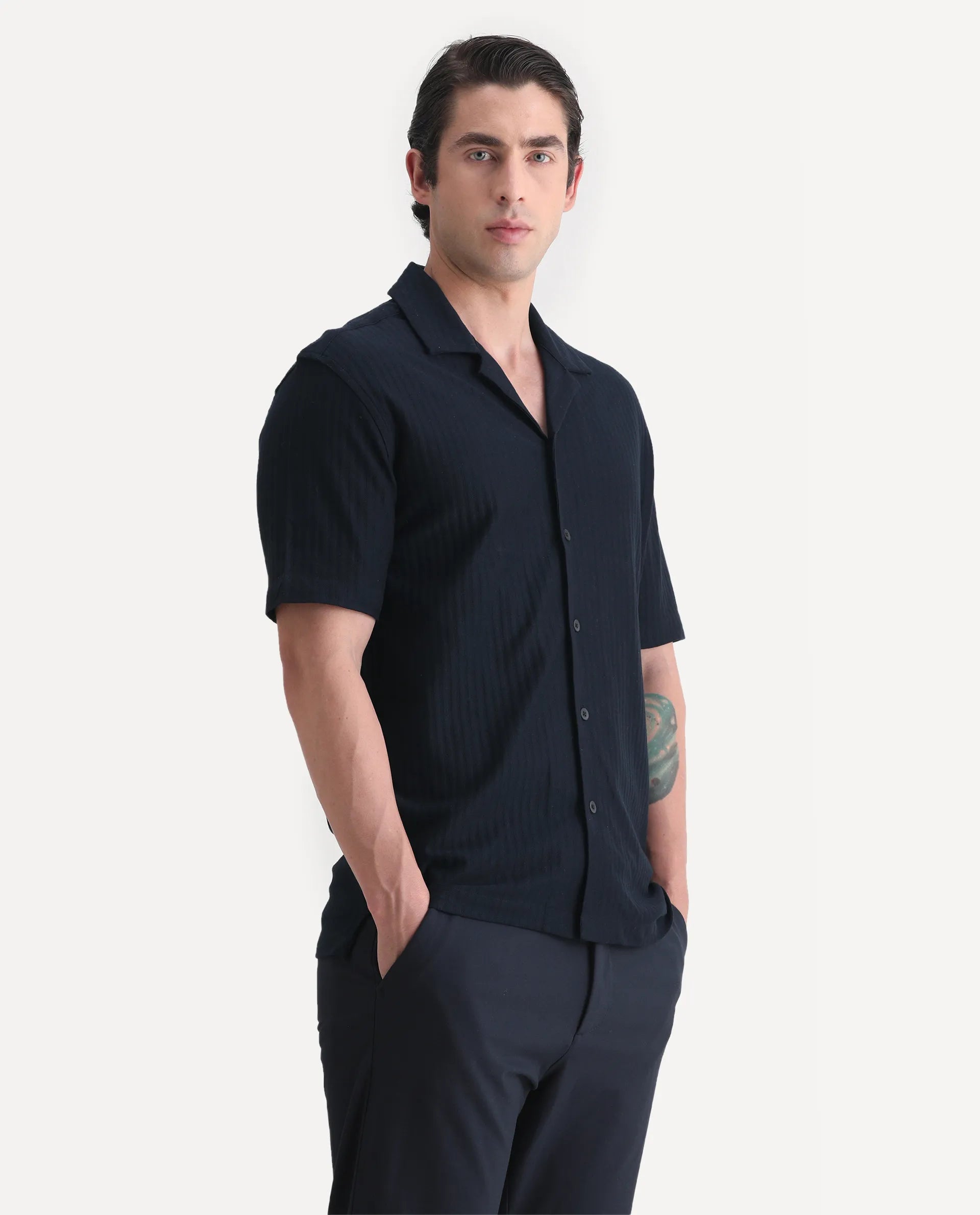 Rare Rabbit Men's Galo Navy Cotton Plain Relaxed Fit Half Sleeve Cuban Collar Shirt