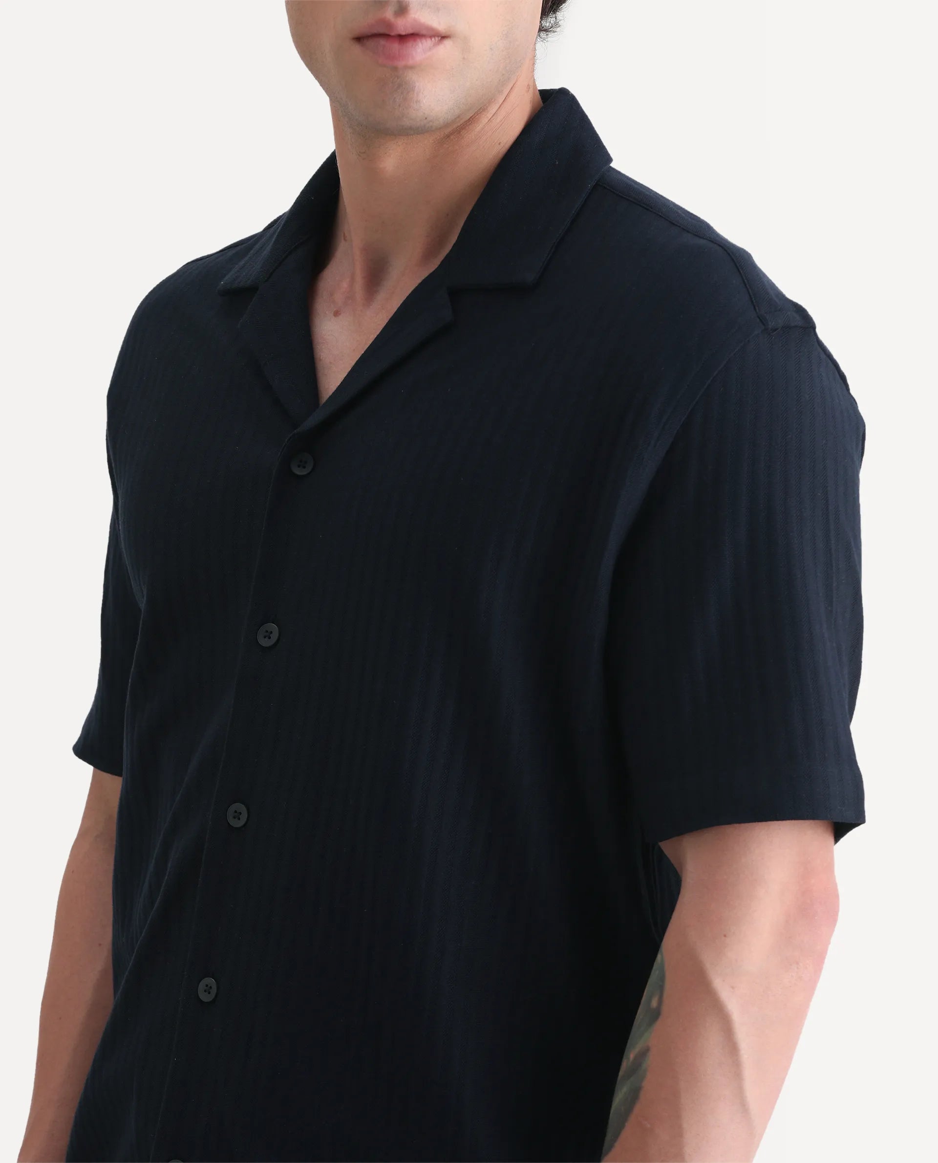 Rare Rabbit Men's Galo Navy Cotton Plain Relaxed Fit Half Sleeve Cuban Collar Shirt