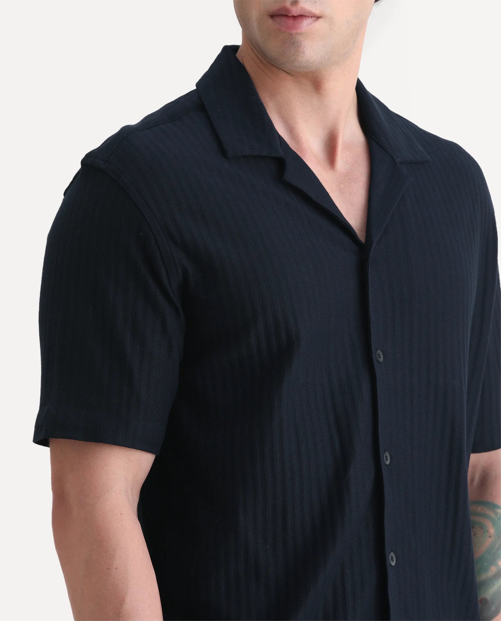 Rare Rabbit Men's Galo Navy Cotton Plain Relaxed Fit Half Sleeve Cuban Collar Shirt