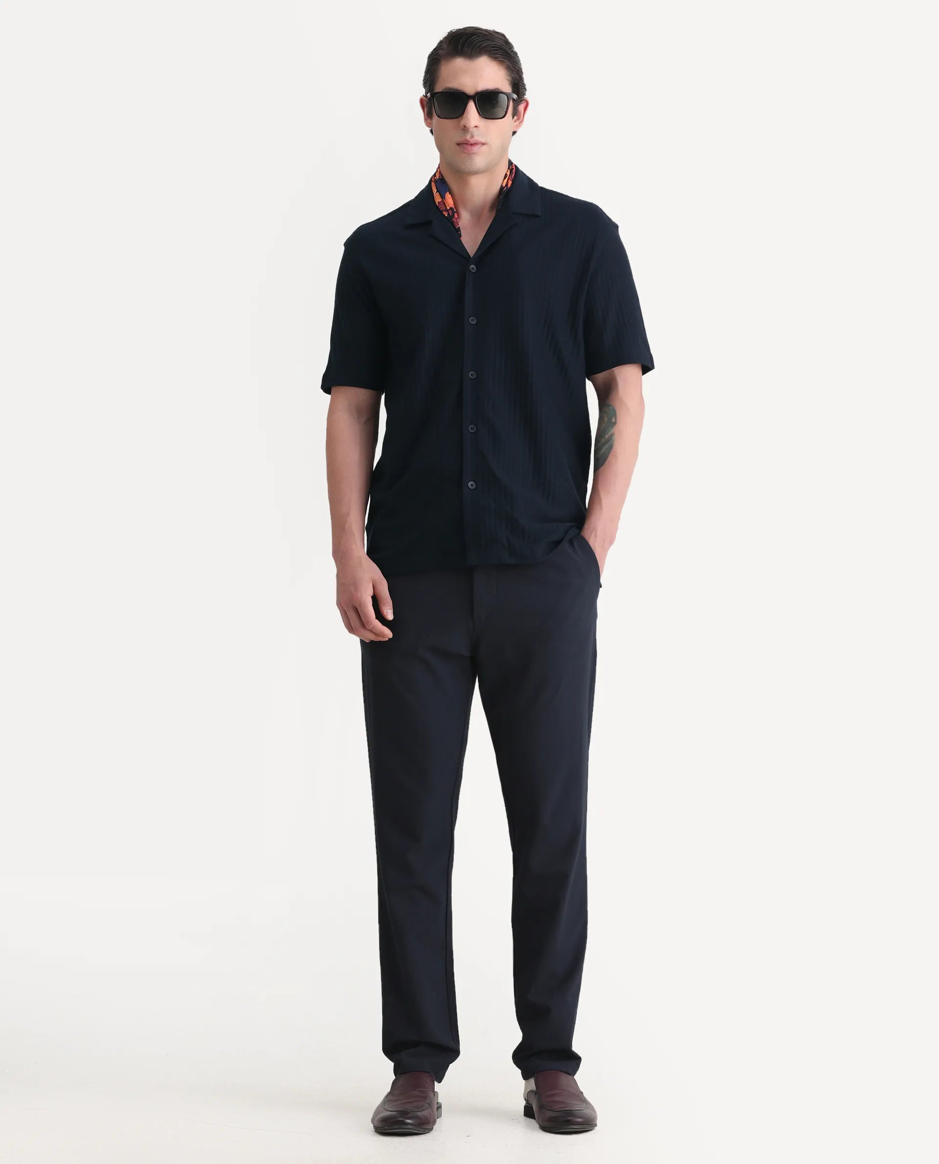 Rare Rabbit Men's Galo Navy Cotton Plain Relaxed Fit Half Sleeve Cuban Collar Shirt