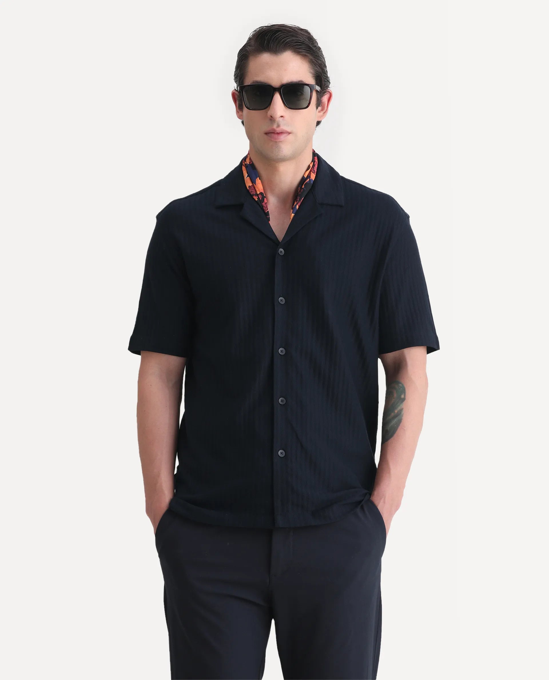 Rare Rabbit Men's Galo Navy Cotton Plain Relaxed Fit Half Sleeve Cuban Collar Shirt