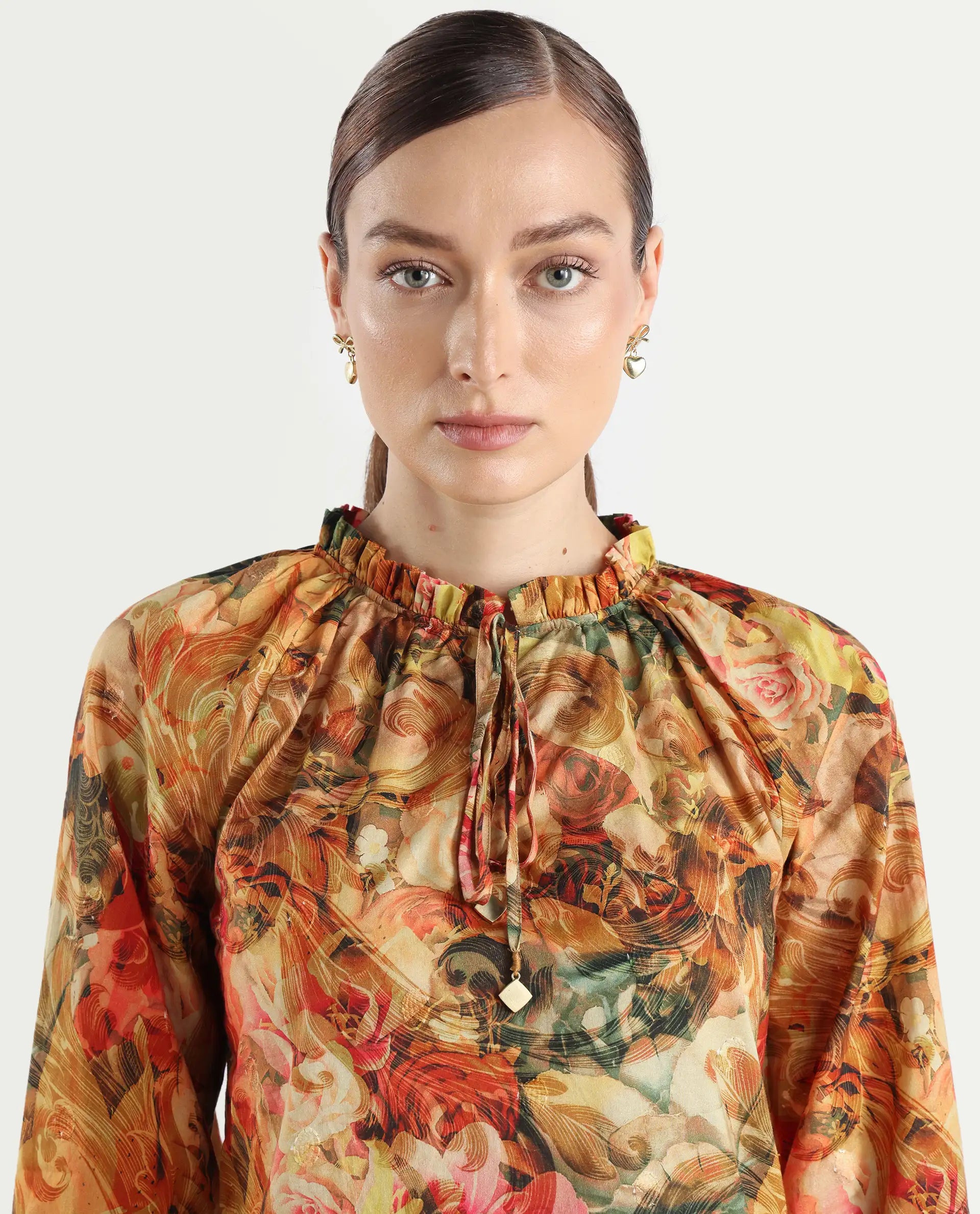 Rareism Women's Galski Multi Cotton Drop Collar Abstract Print Raglan Sleeve Regular Fit Top