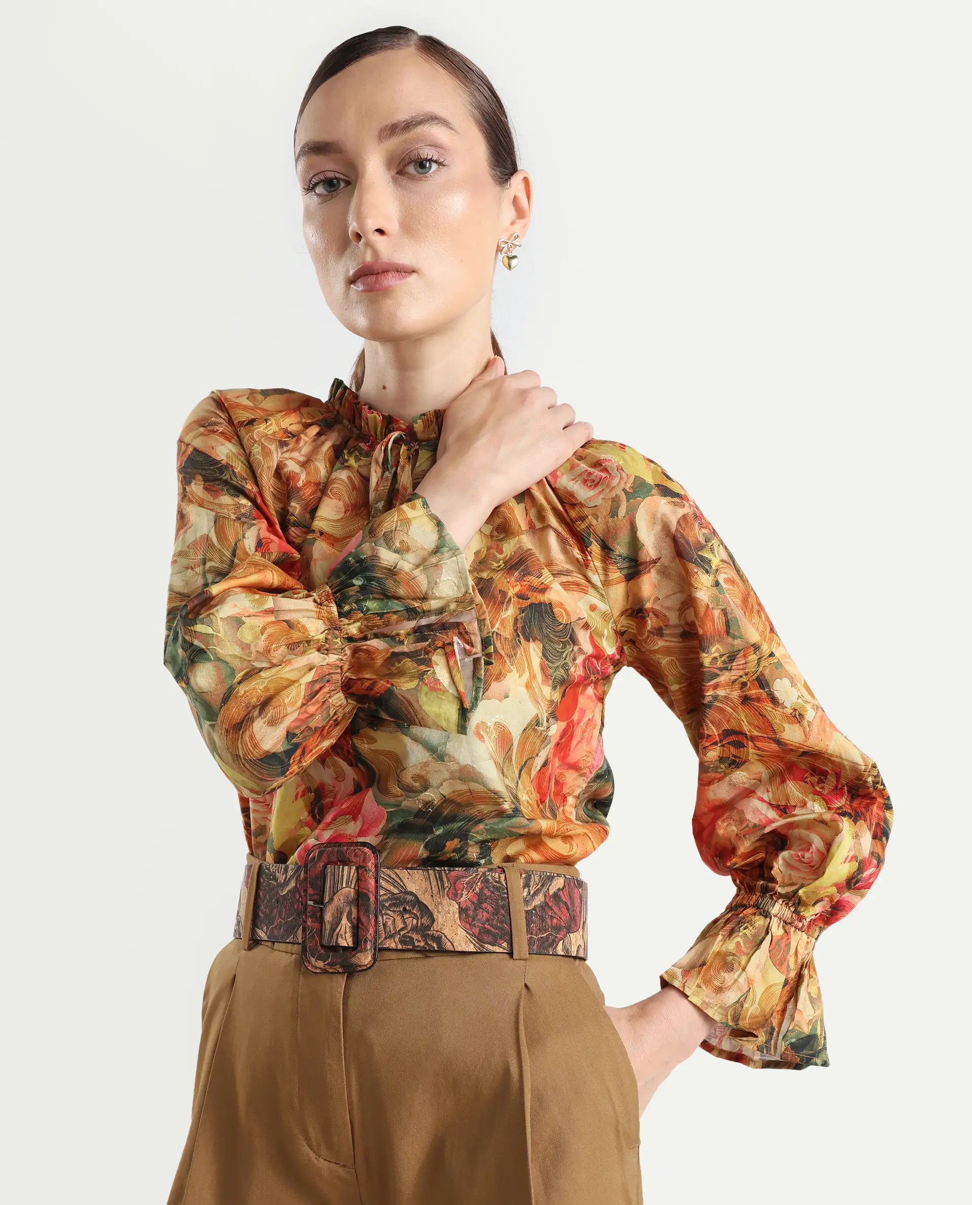 Rareism Women's Galski Multi Cotton Drop Collar Abstract Print Raglan Sleeve Regular Fit Top