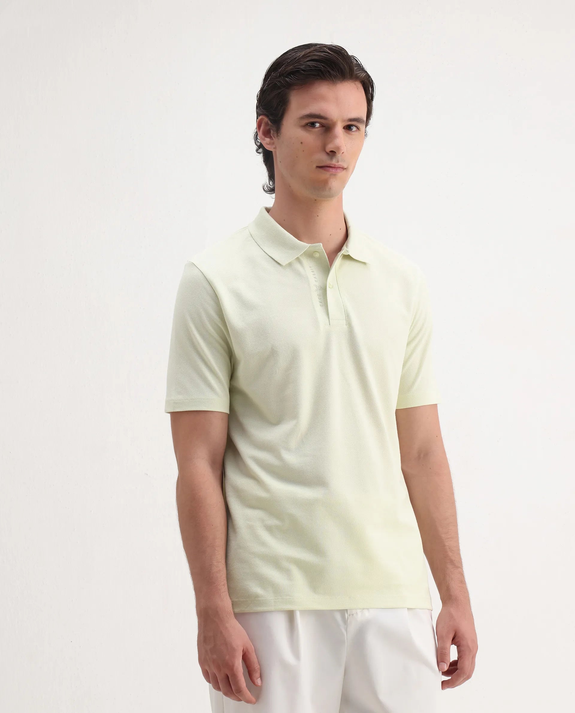 Rare Rabbit Men's Gamer Pastel Yellow Cotton Blend Plain Regular Fit Half Sleeve Polo