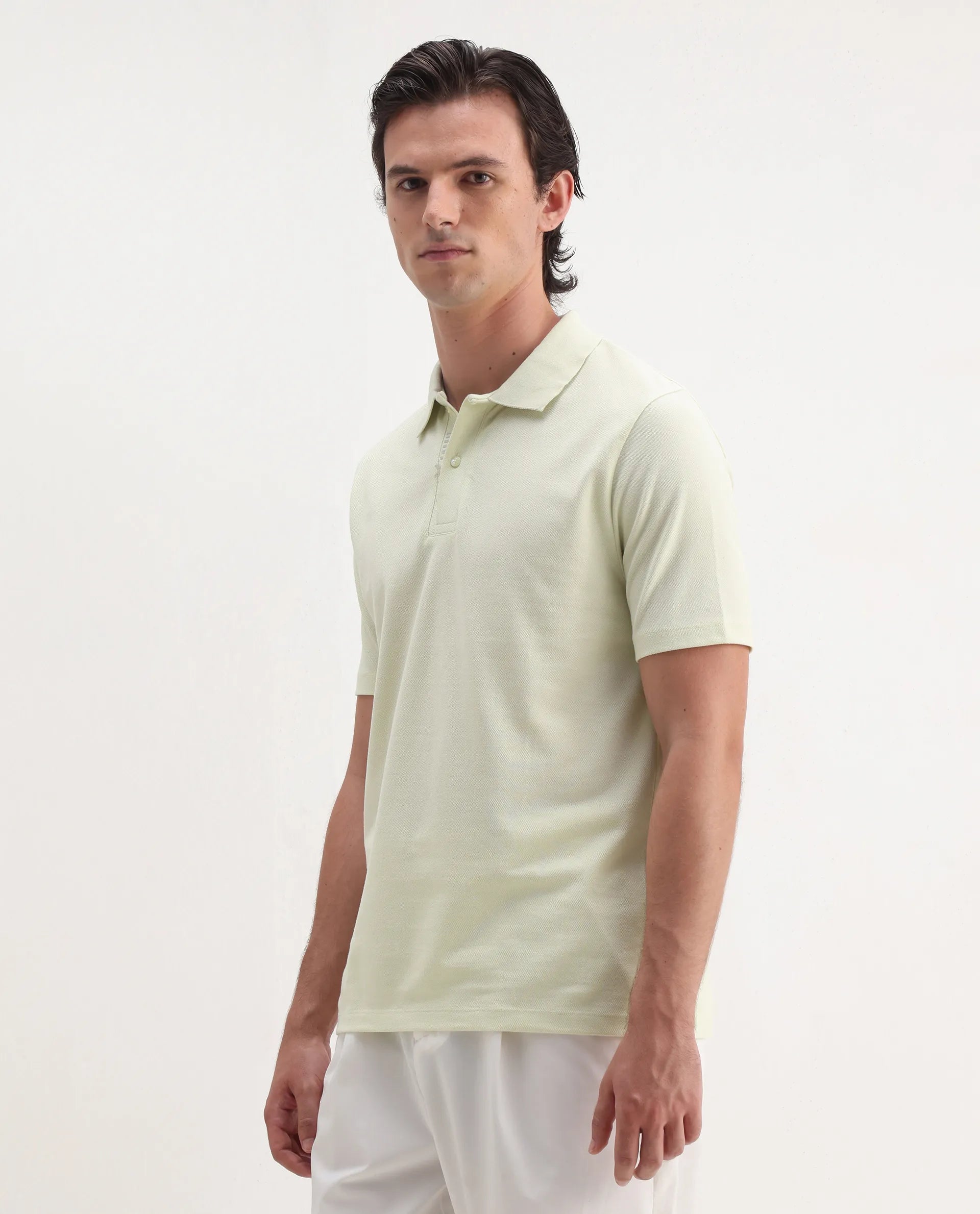 Rare Rabbit Men's Gamer Pastel Yellow Cotton Blend Plain Regular Fit Half Sleeve Polo