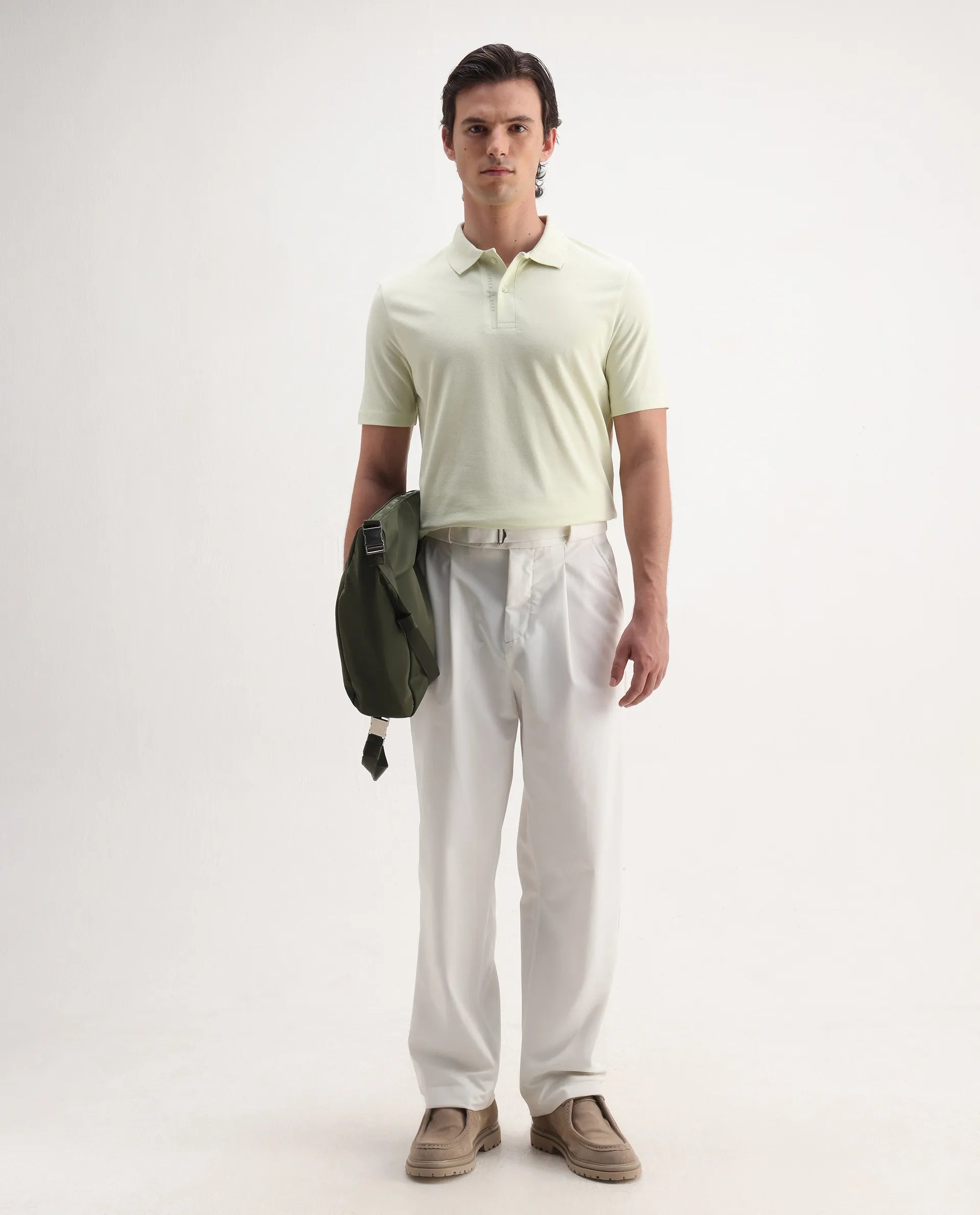 Rare Rabbit Men's Gamer Pastel Yellow Cotton Blend Plain Regular Fit Half Sleeve Polo