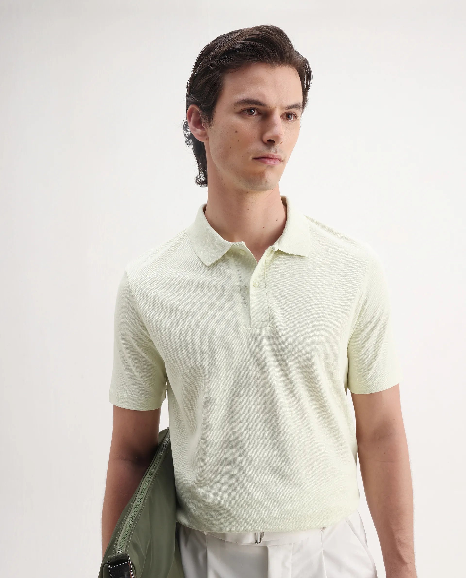 Rare Rabbit Men's Gamer Pastel Yellow Cotton Blend Plain Regular Fit Half Sleeve Polo