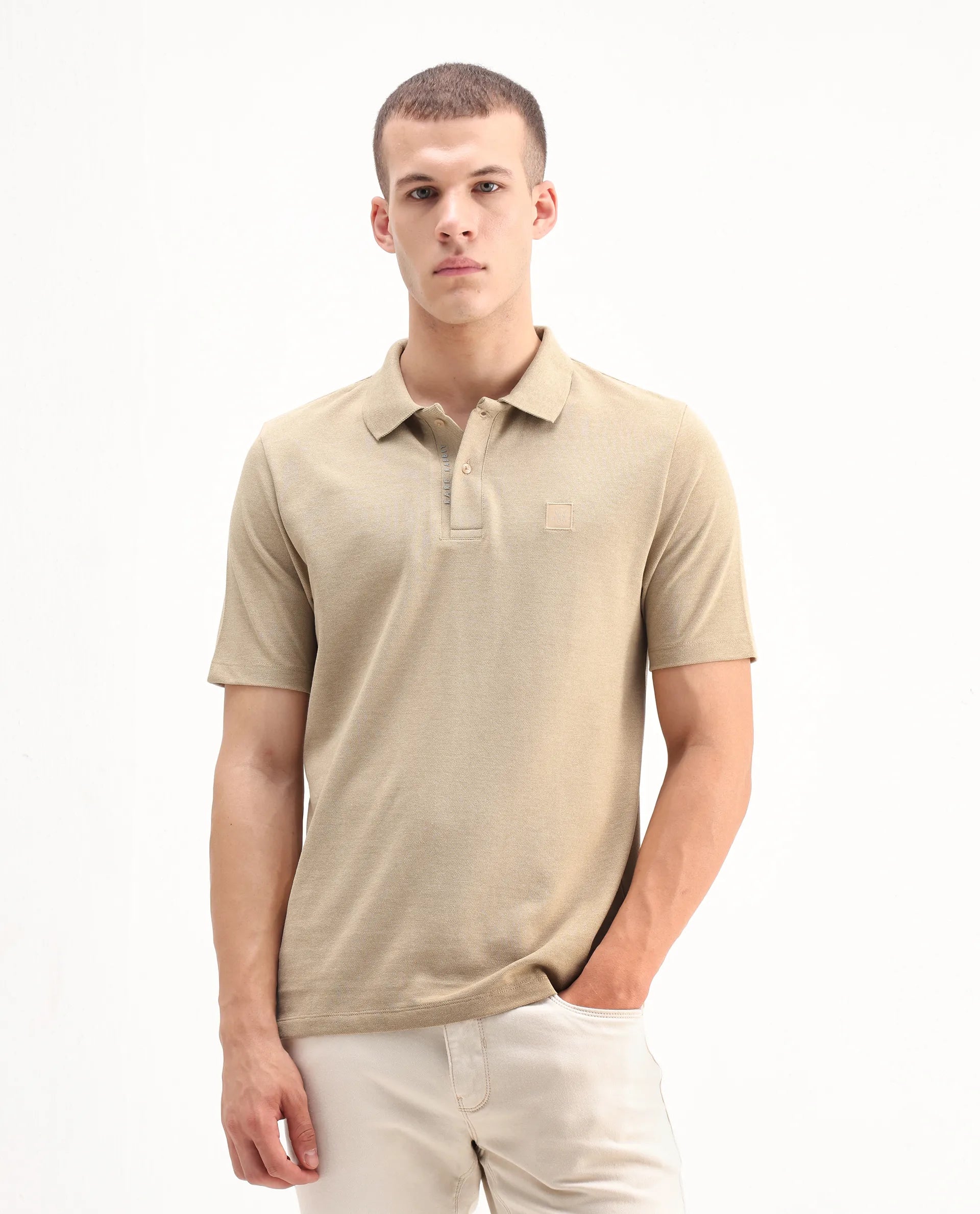 Rare Rabbit Men's Gamor Beige Cotton Blend Plain Regular Fit Half Sleeve Polo