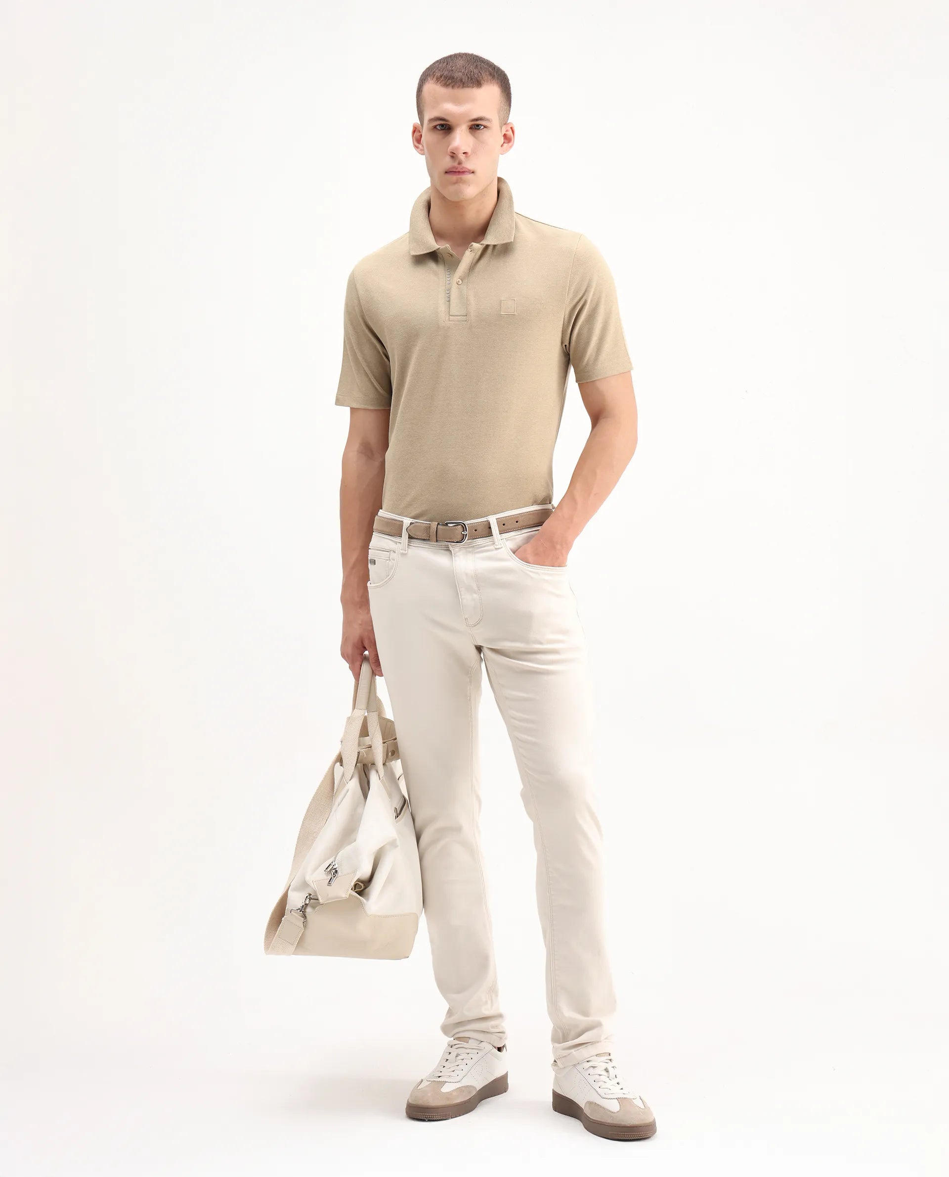 Rare Rabbit Men's Gamor Beige Cotton Blend Plain Regular Fit Half Sleeve Polo