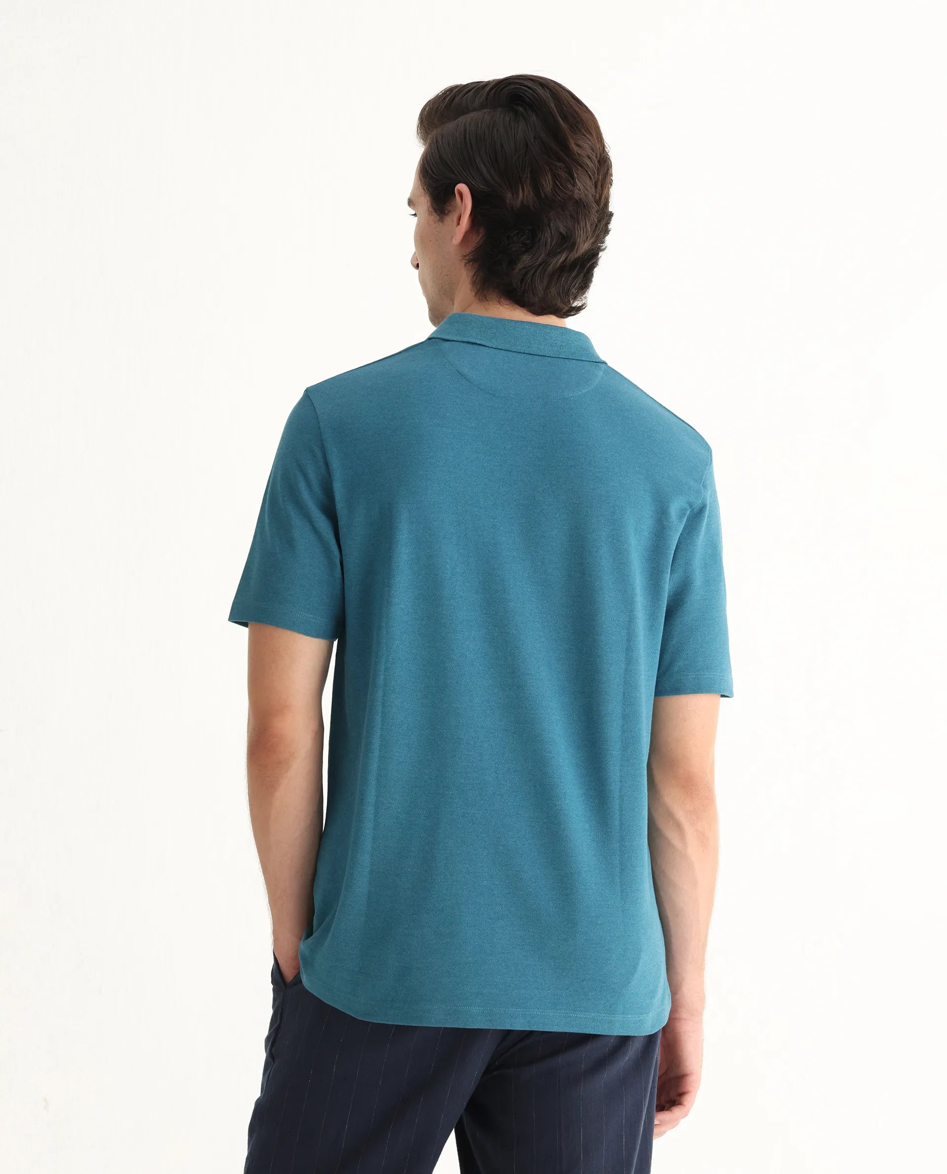 Rare Rabbit Men's Gamor Teal Cotton Blend Plain Regular Fit Half Sleeve Polo