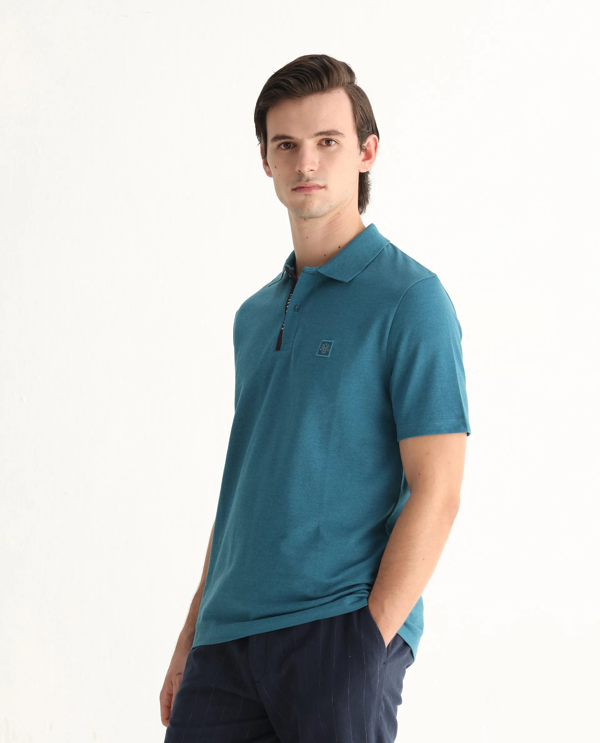 Rare Rabbit Men's Gamor Teal Cotton Blend Plain Regular Fit Half Sleeve Polo