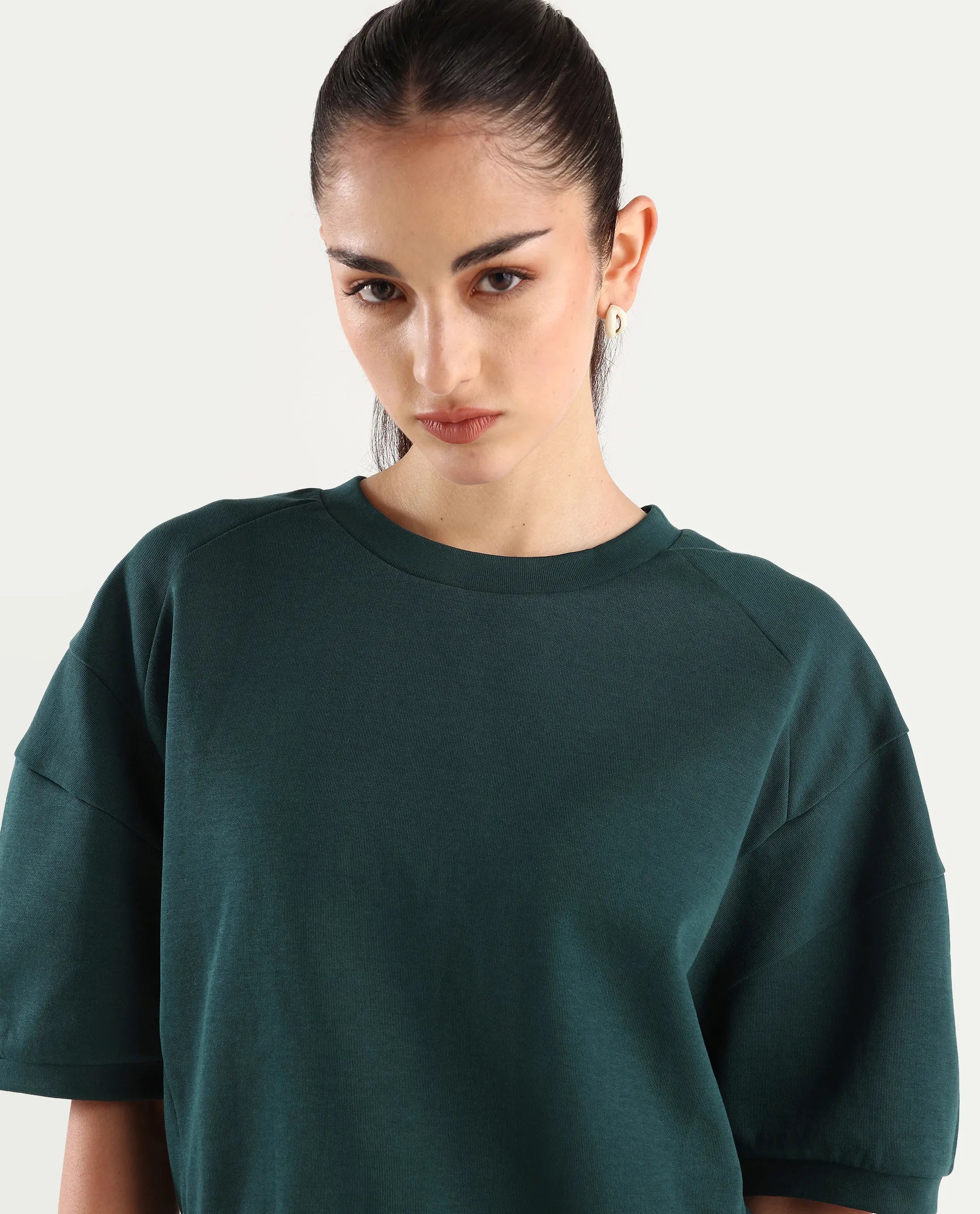 Rareism Women's Ganges Green Cotton Blend Crew Neck Plain Crop Relaxed Fit Sweatshirt