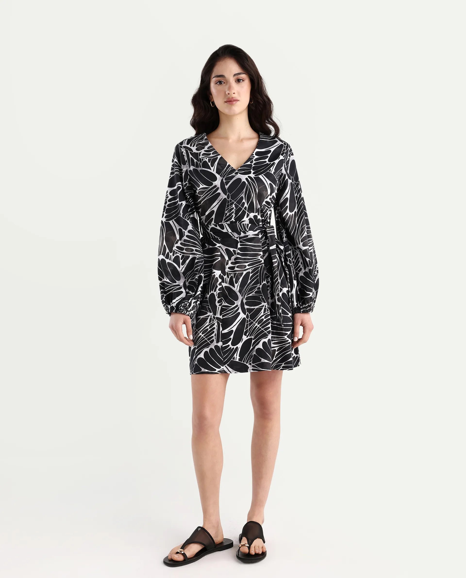 Rareism Women's Garber Black Cotton V-Neck Floral Print Bishop Sleeve Mini A-Line Dress