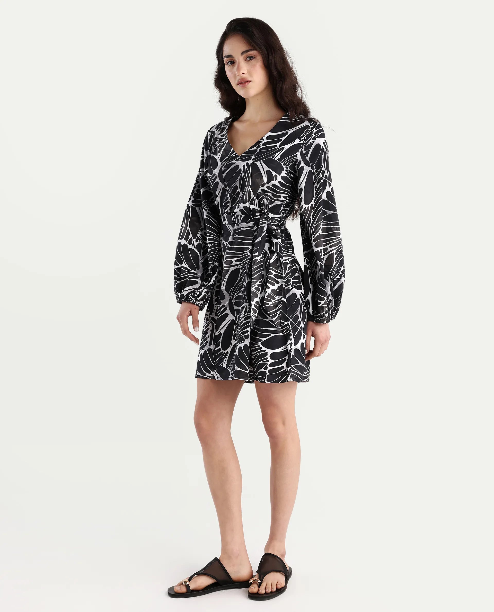 Rareism Women's Garber Black Cotton V-Neck Floral Print Bishop Sleeve Mini A-Line Dress