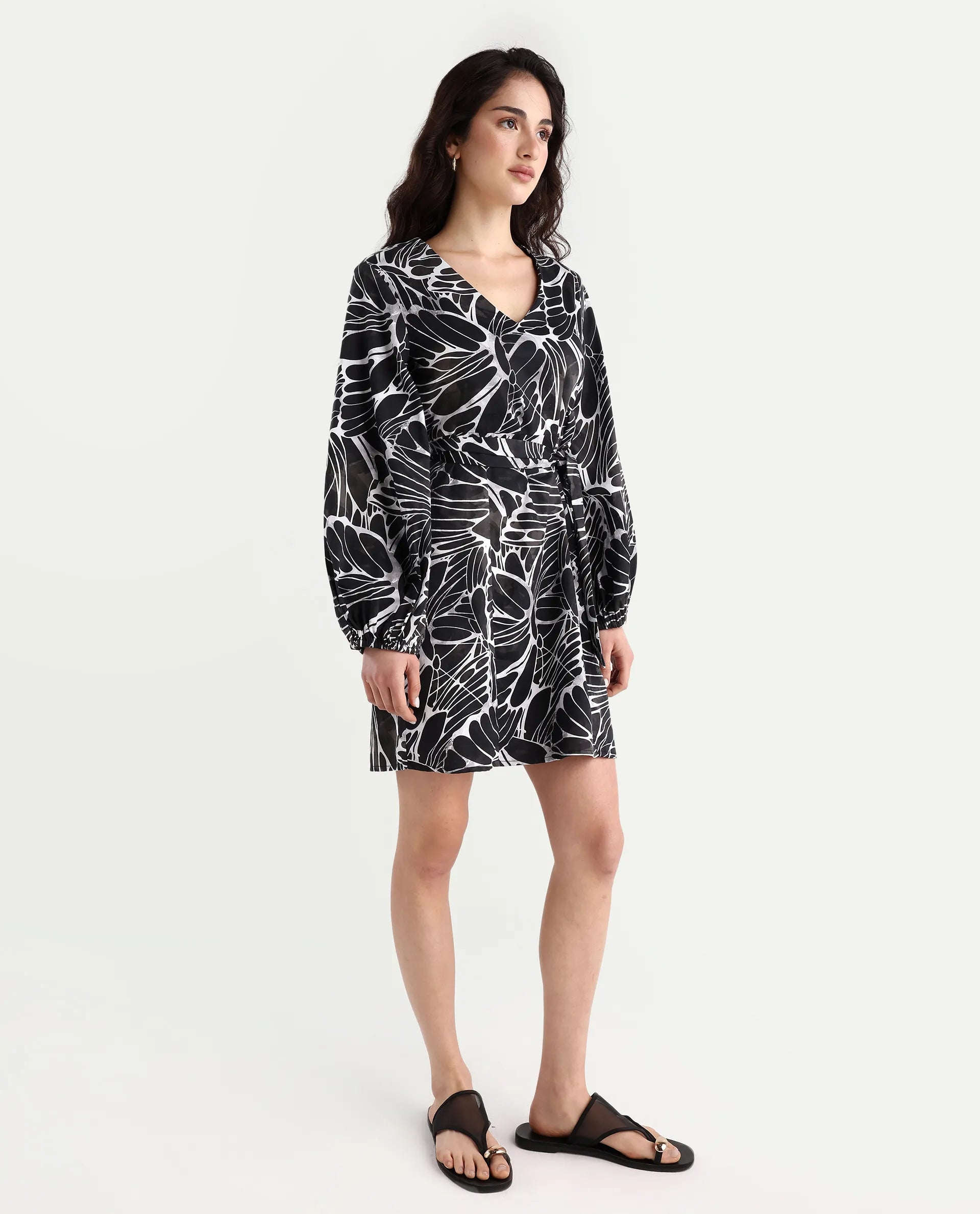 Rareism Women's Garber Black Cotton V-Neck Floral Print Bishop Sleeve Mini A-Line Dress