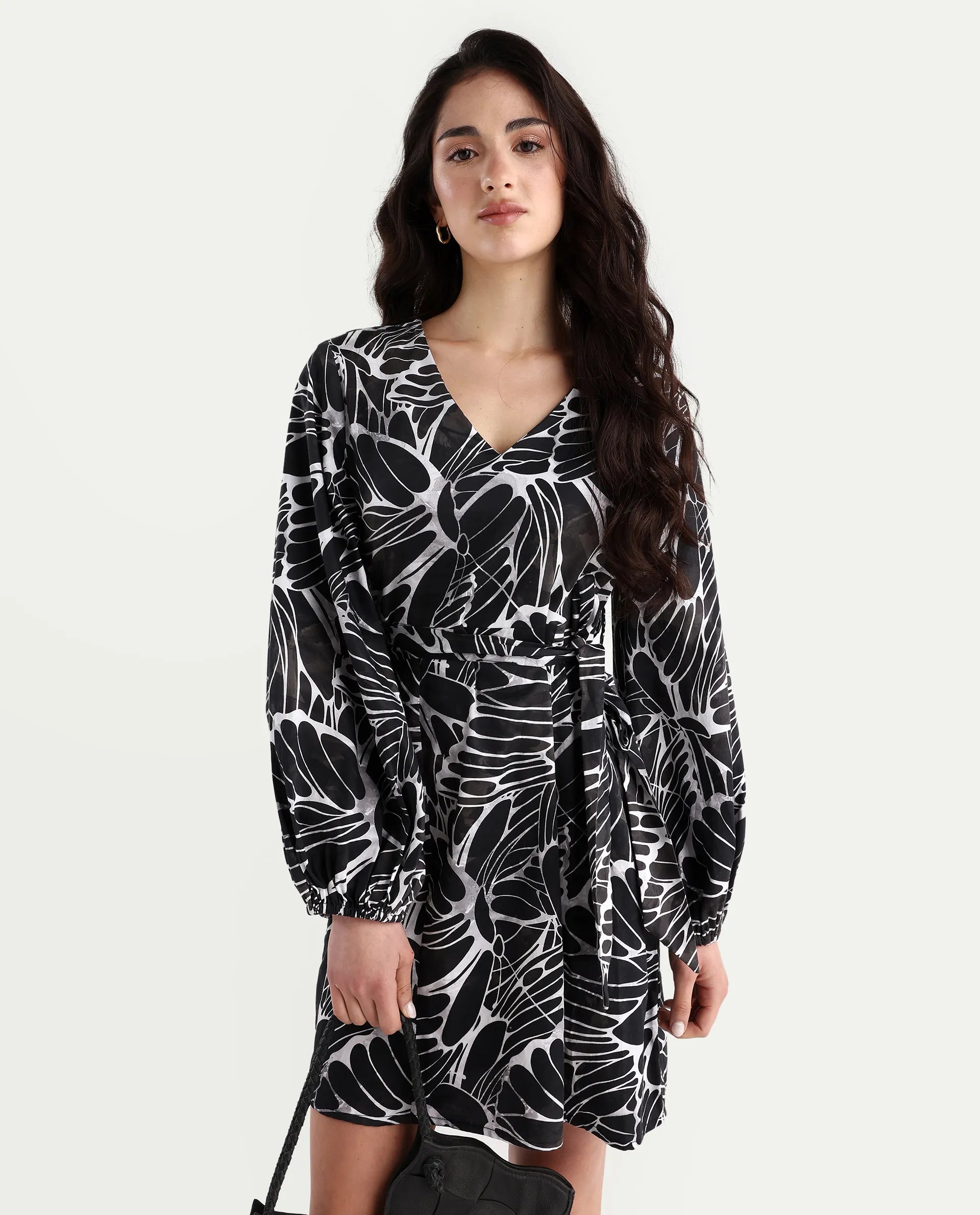 Rareism Women's Garber Black Cotton V-Neck Floral Print Bishop Sleeve Mini A-Line Dress