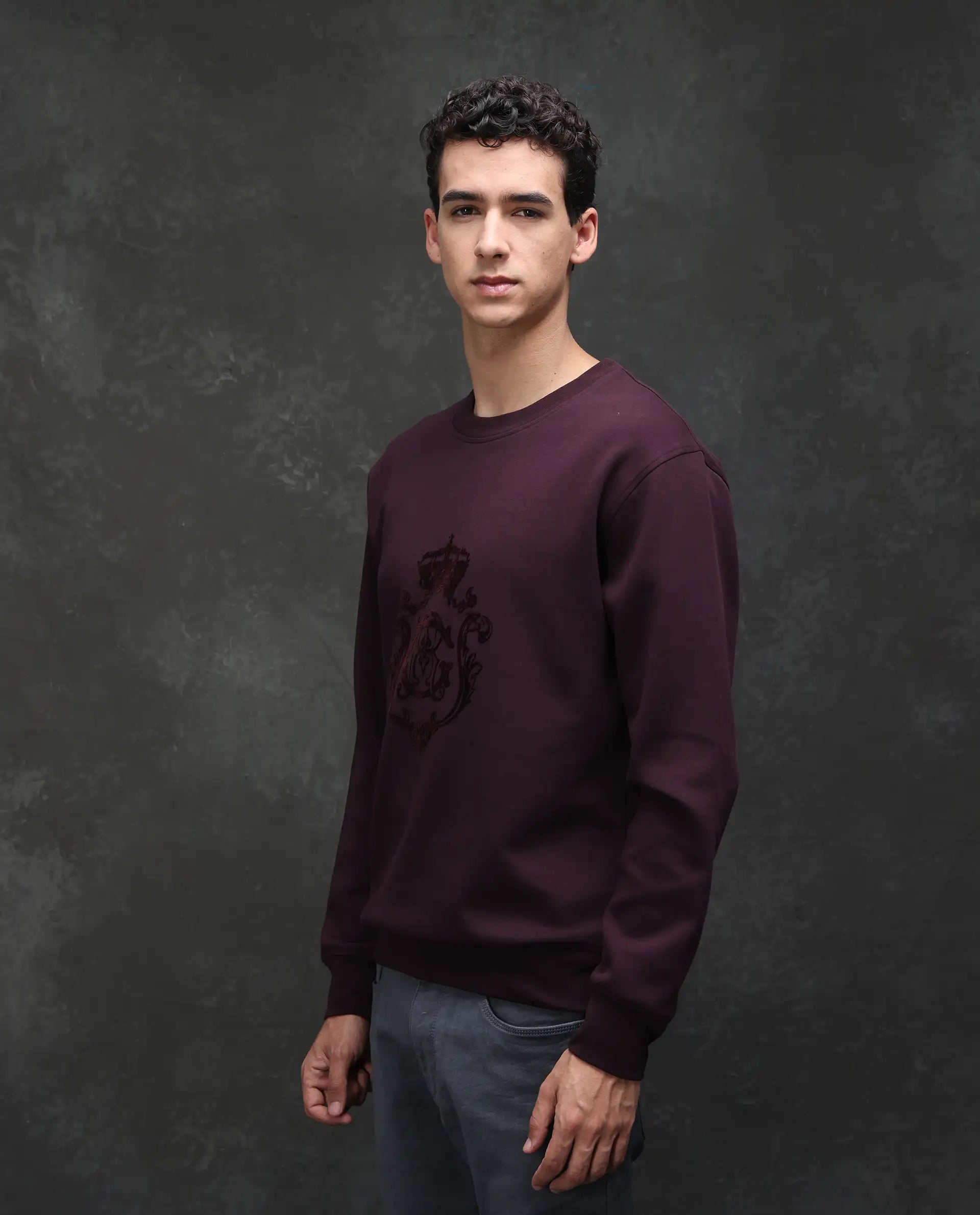 Rare Rabbit Men's Garon Dark Maroon Cotton Blend Graphic Print Relaxed Fit Full Sleeve Crew Neck Sweatshirt