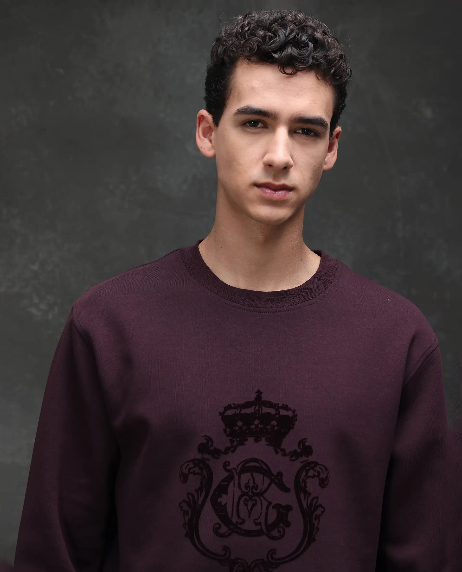 Rare Rabbit Men's Garon Dark Maroon Cotton Blend Graphic Print Relaxed Fit Full Sleeve Crew Neck Sweatshirt