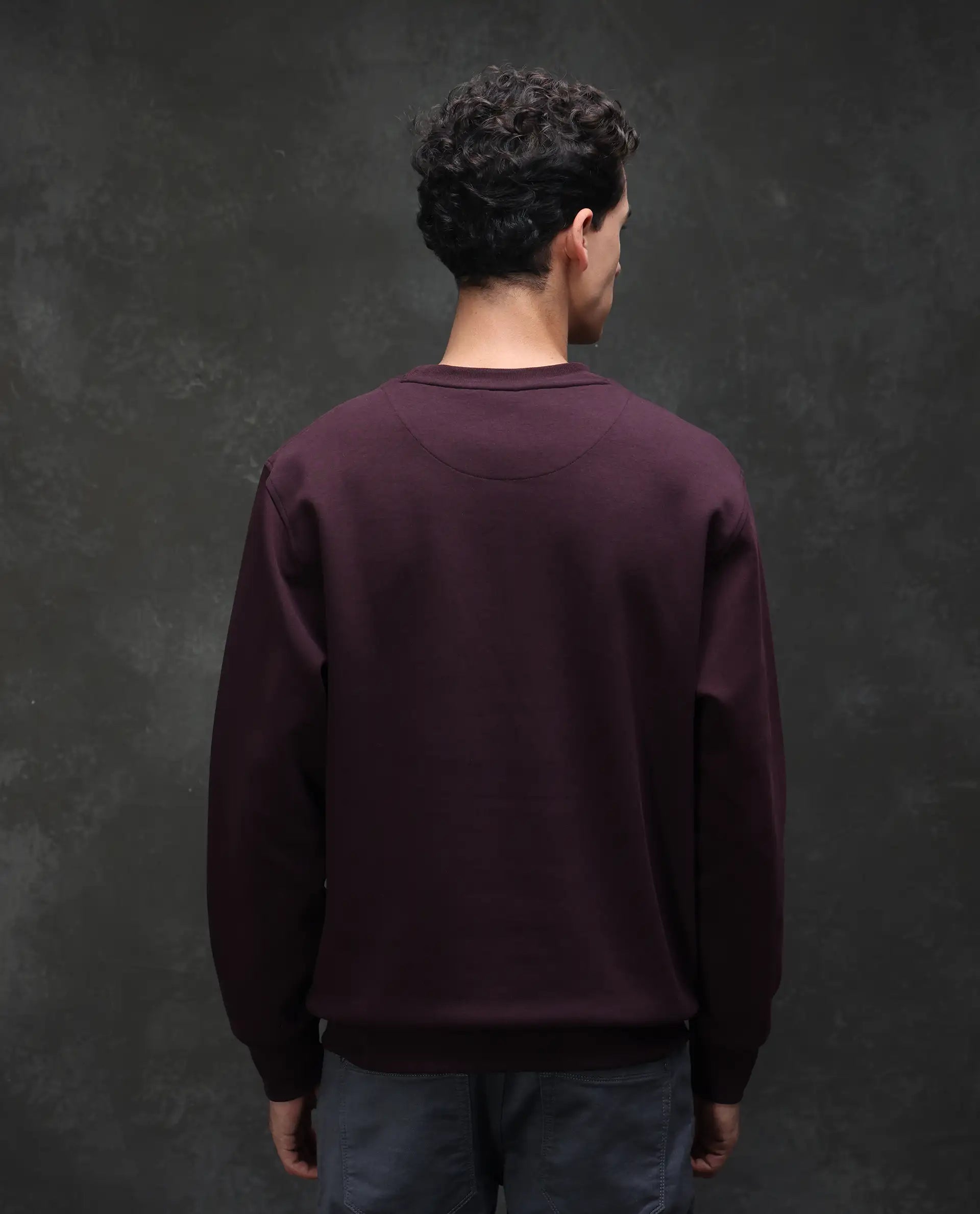 Rare Rabbit Men's Garon Dark Maroon Cotton Blend Graphic Print Relaxed Fit Full Sleeve Crew Neck Sweatshirt