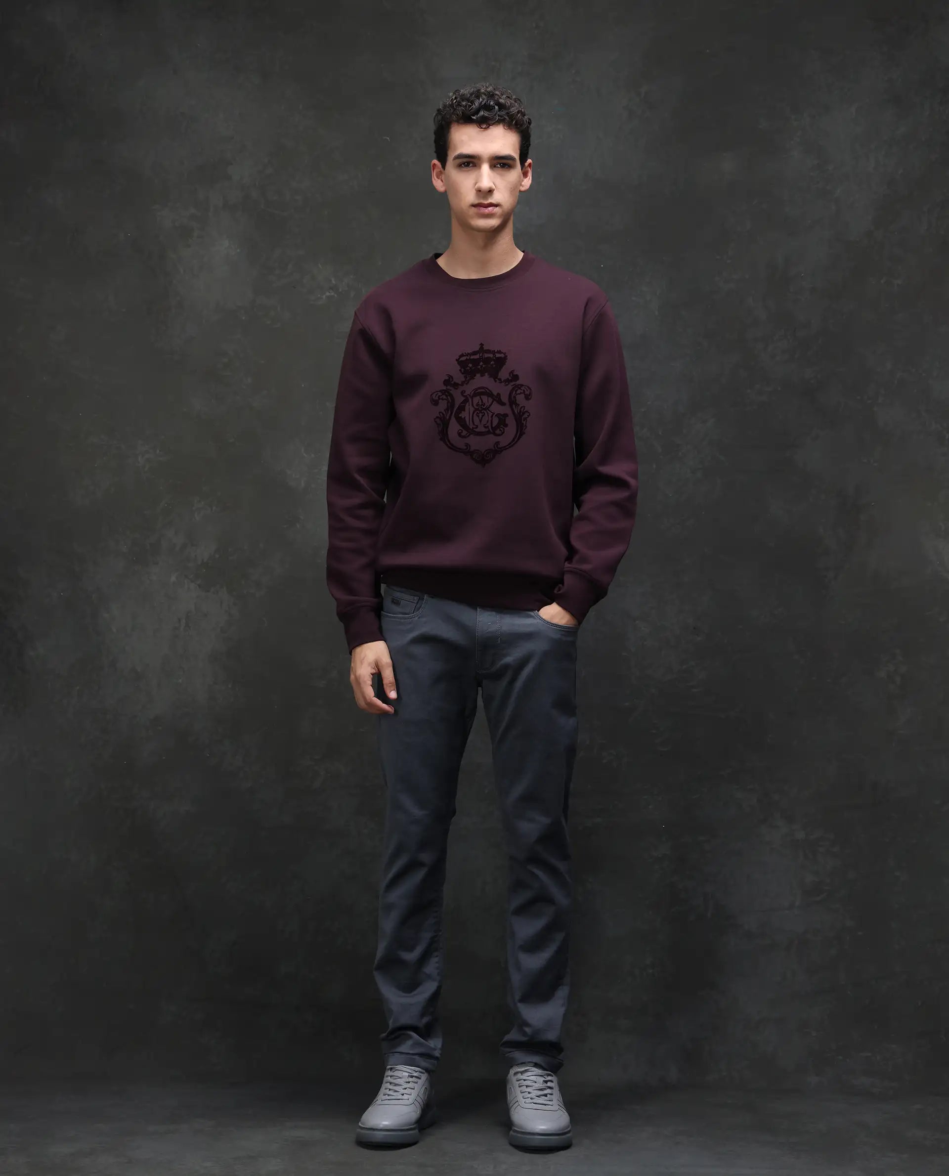 Rare Rabbit Men's Garon Dark Maroon Cotton Blend Graphic Print Relaxed Fit Full Sleeve Crew Neck Sweatshirt