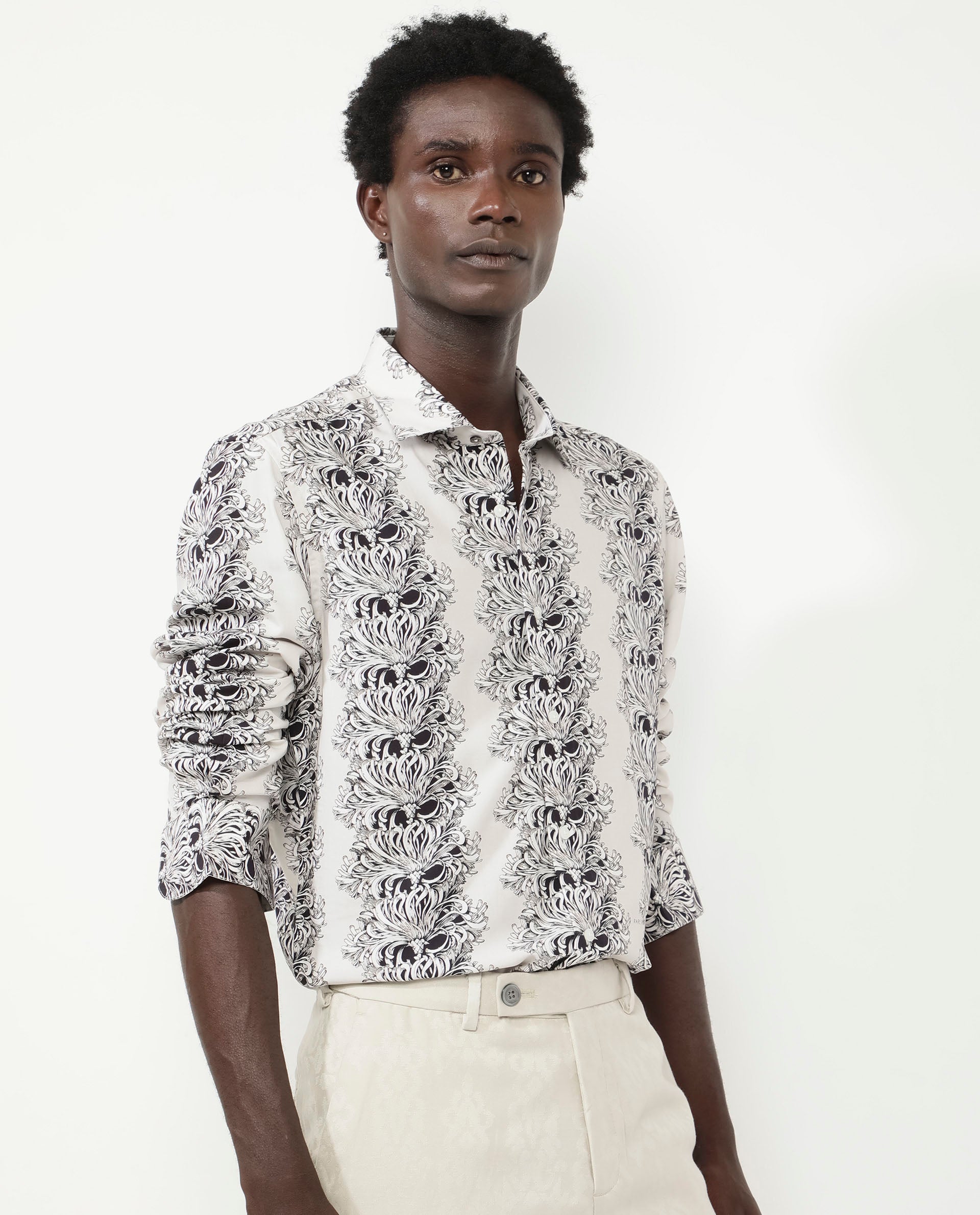 Rare Rabbit Men's Gasta LS Off White Viscose Fabric Full Sleeves Regular Fit Floral Geometric Print Shirt