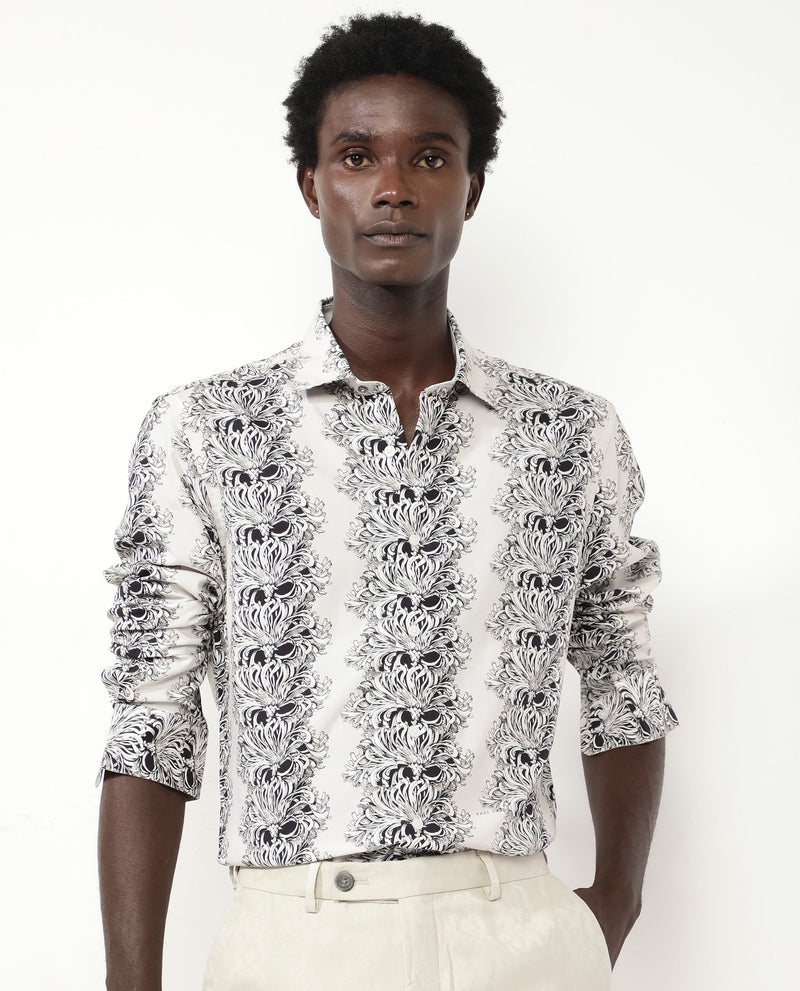 Rare Rabbit Men's Gasta LS Off White Viscose Fabric Full Sleeves Regular Fit Floral Geometric Print Shirt