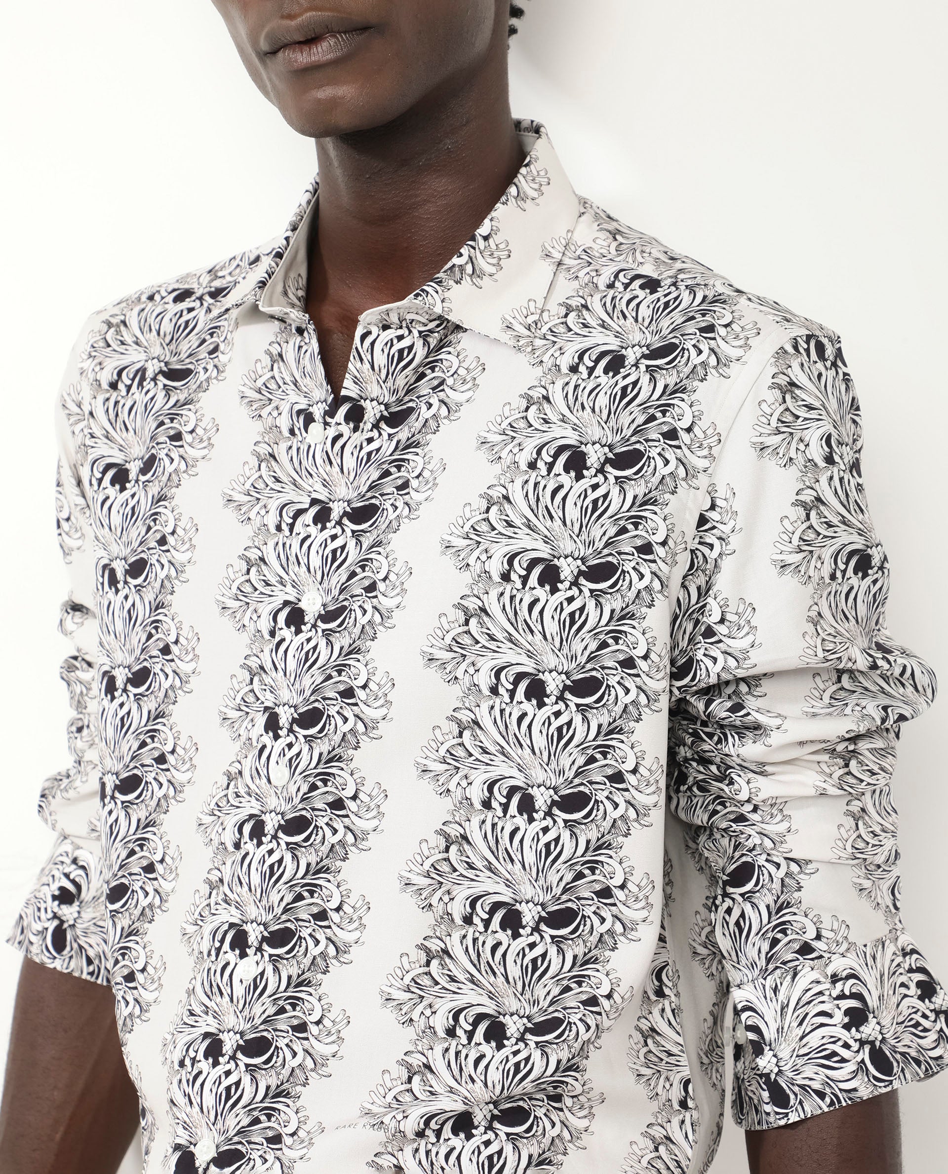 Rare Rabbit Men's Gasta LS Off White Viscose Fabric Full Sleeves Regular Fit Floral Geometric Print Shirt