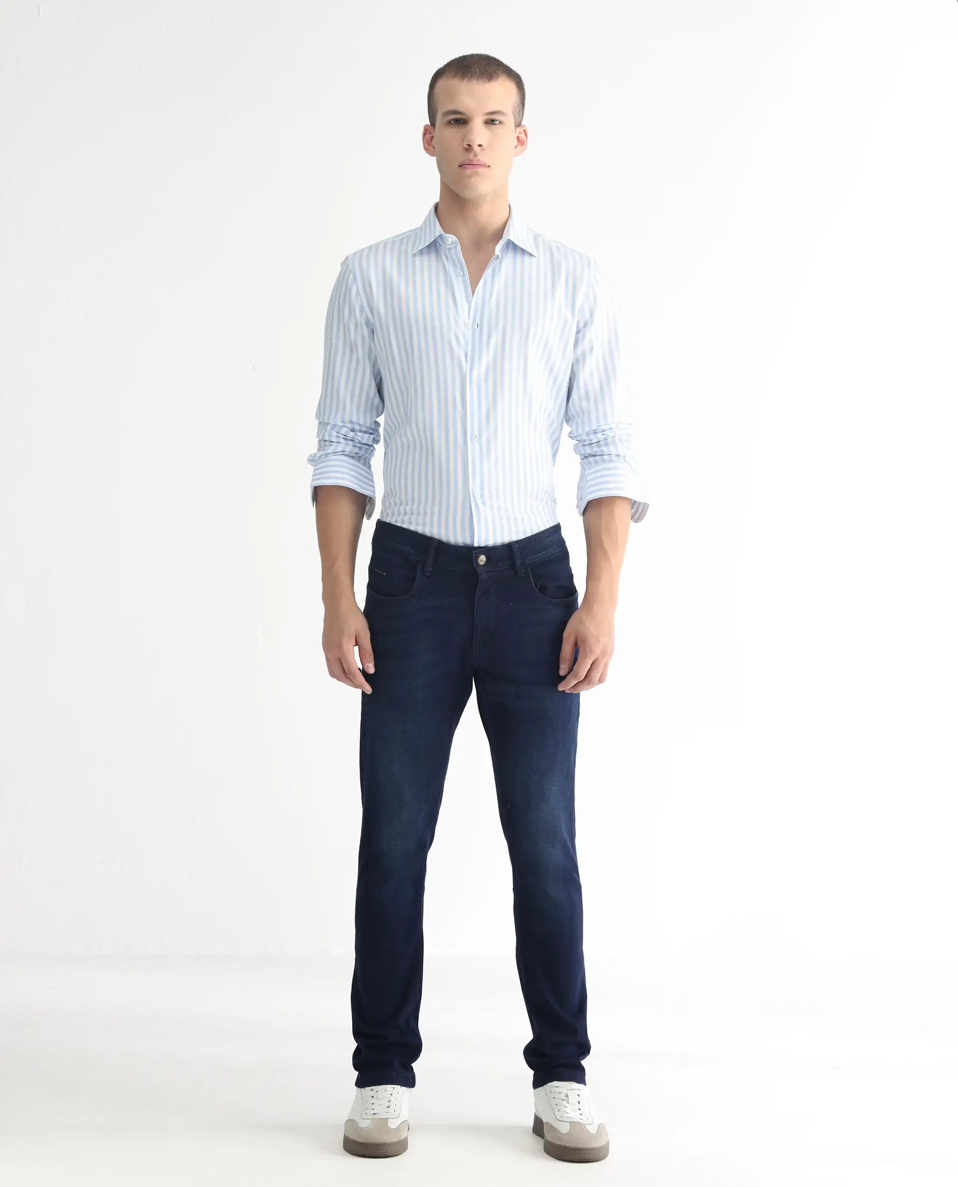 Rare Rabbit Men's Gaza Blue Cotton Plain Hawk Slim Fit Jeans