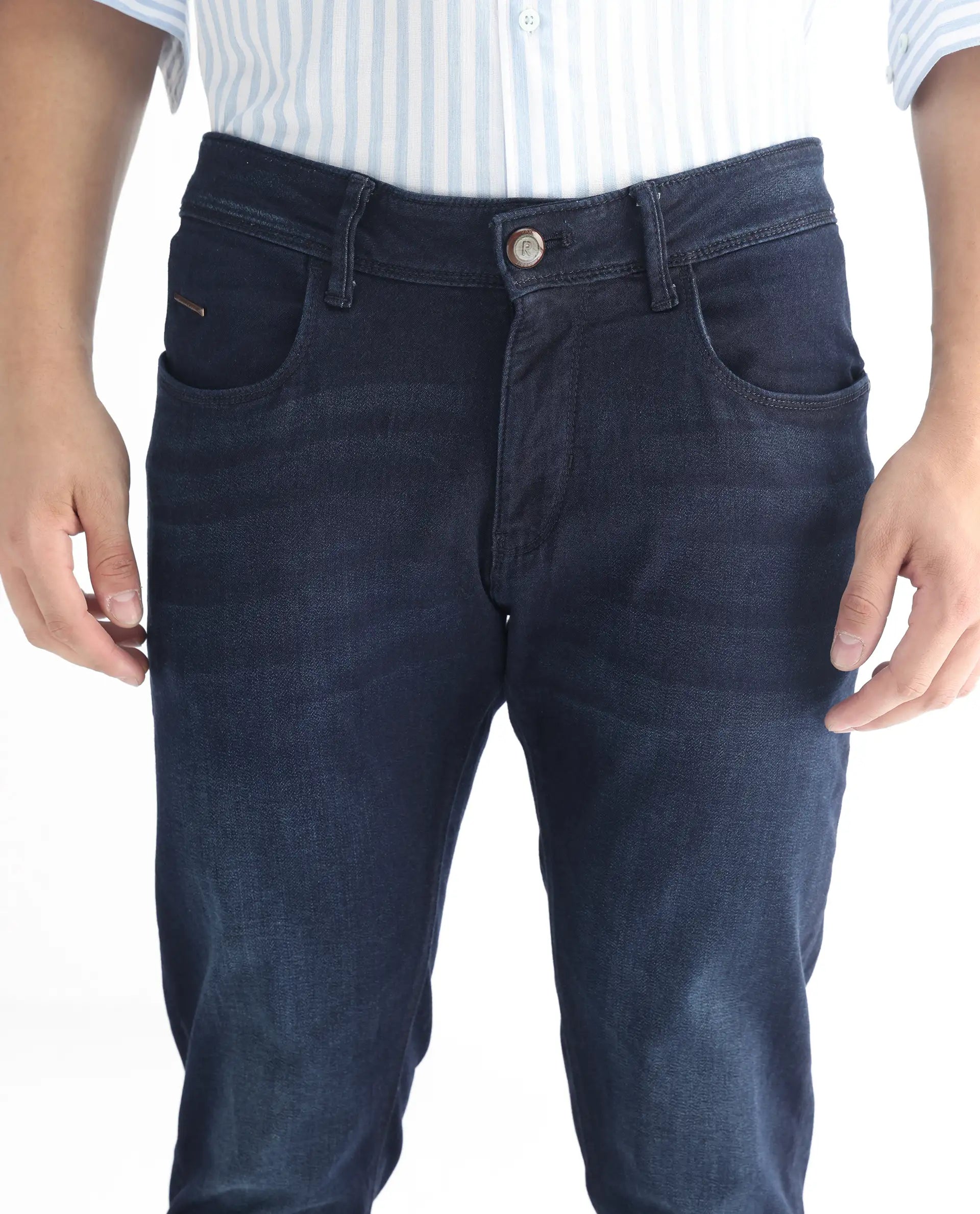 Rare Rabbit Men's Gaza Blue Cotton Plain Hawk Slim Fit Jeans