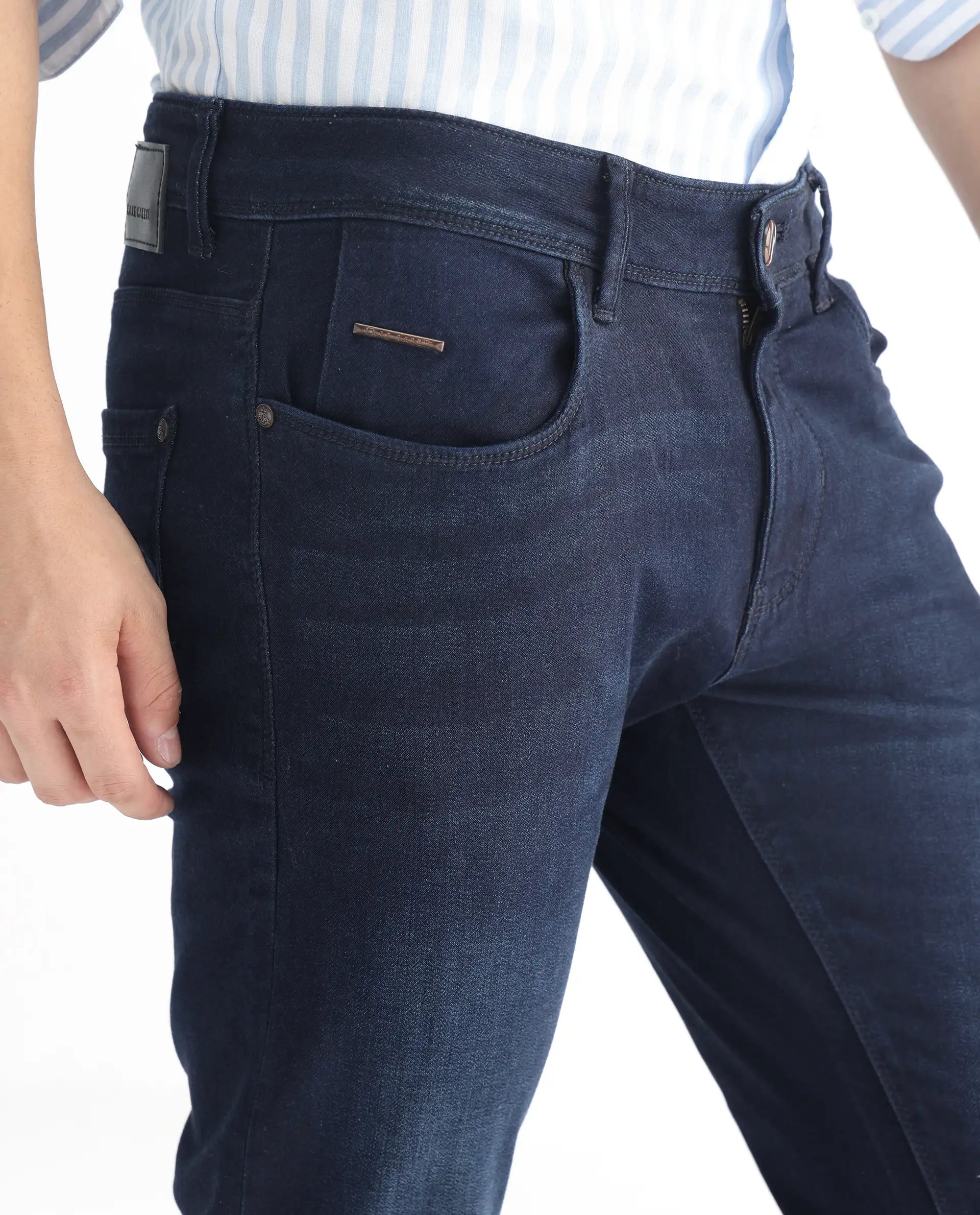 Rare Rabbit Men's Gaza Blue Cotton Plain Hawk Slim Fit Jeans