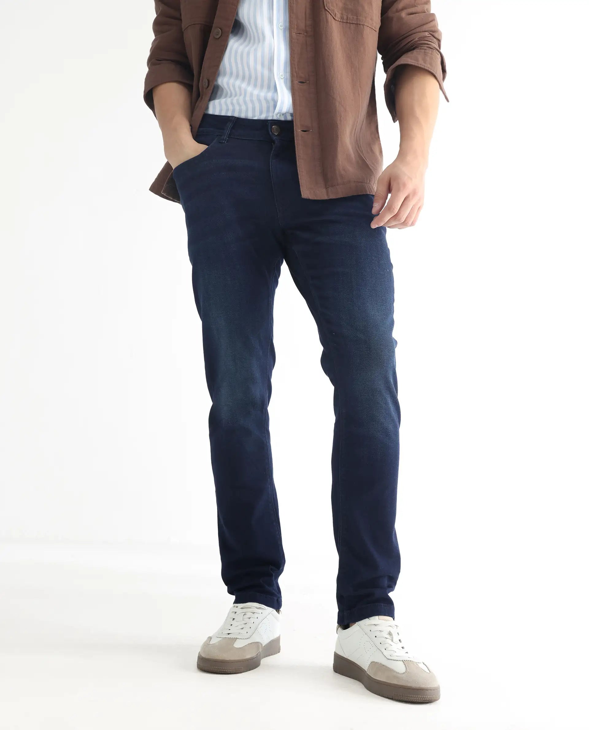 Rare Rabbit Men's Gaza Blue Cotton Plain Hawk Slim Fit Jeans