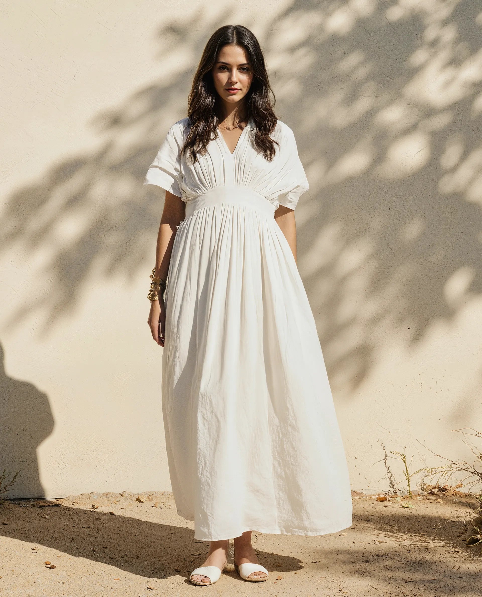 Rareism Women's Janmay Beige Cotton V-Neck Plain Kimono Sleeve Maxi Flared Dress