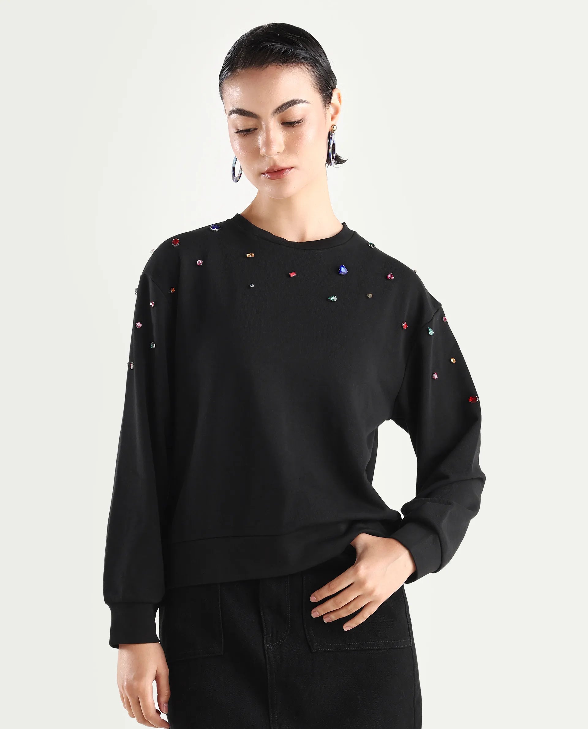 Rareism Women's Gera Black Cotton Blend Crew Neck Plain Relaxed Fit Sweatshirt