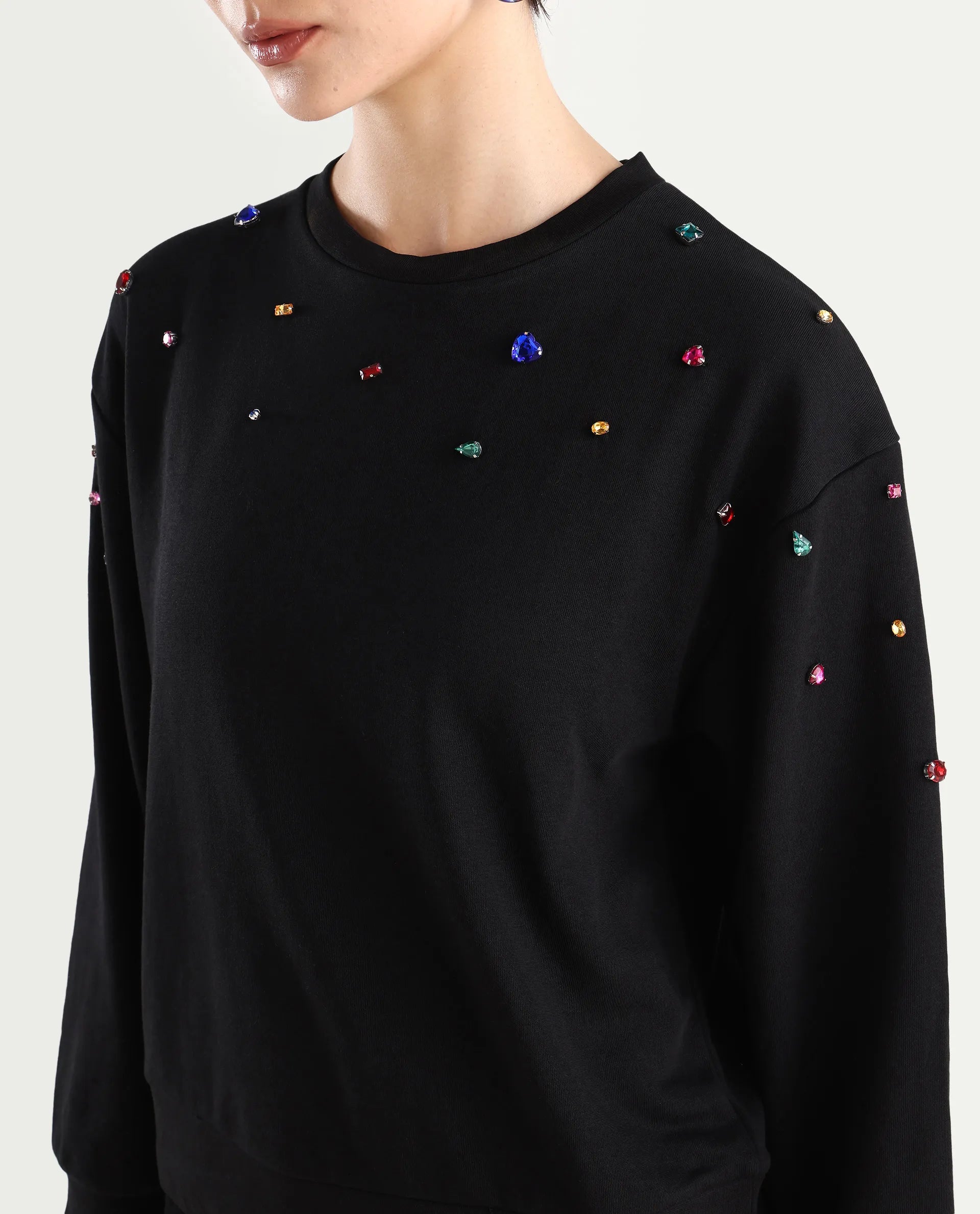 Rareism Women's Gera Black Cotton Blend Crew Neck Plain Relaxed Fit Sweatshirt