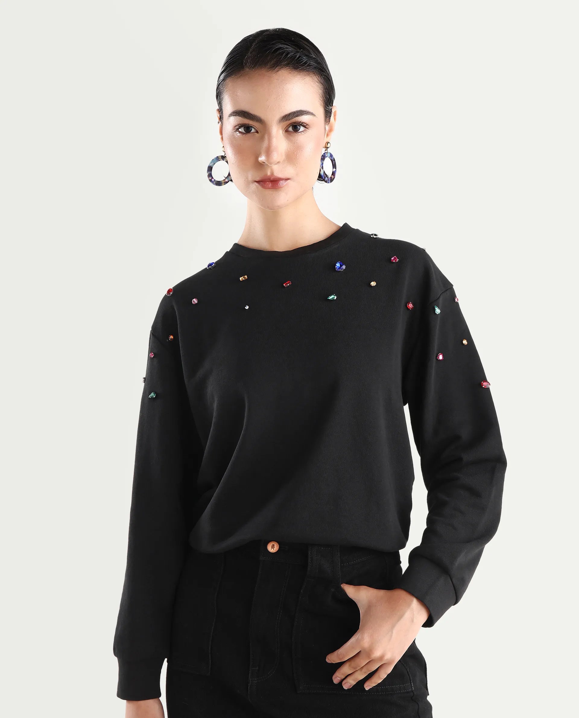 Rareism Women's Gera Black Cotton Blend Crew Neck Plain Relaxed Fit Sweatshirt