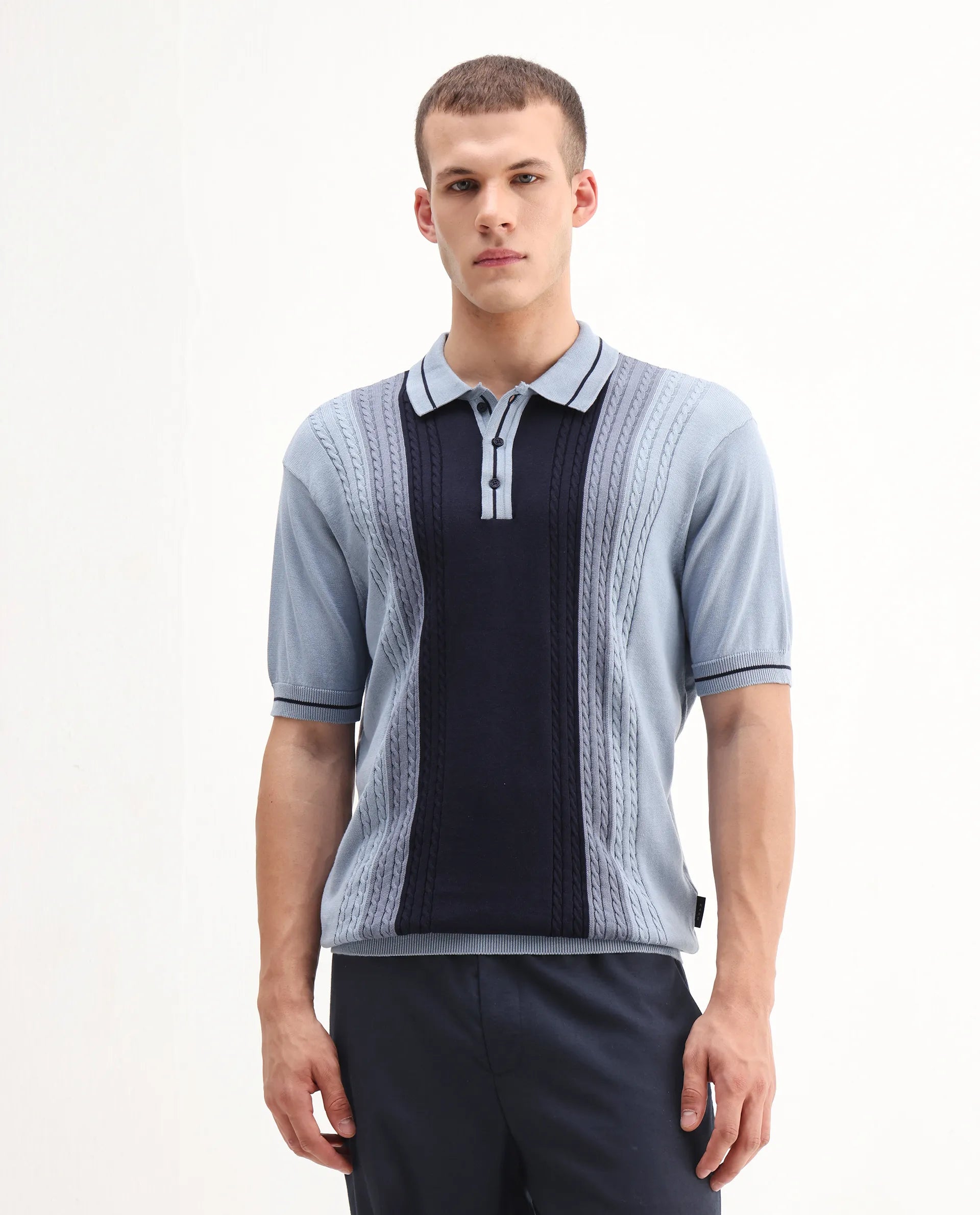 Rare Rabbit Men's Giff Dusky Blue Cotton Textured Regular Fit Half Sleeve Polo