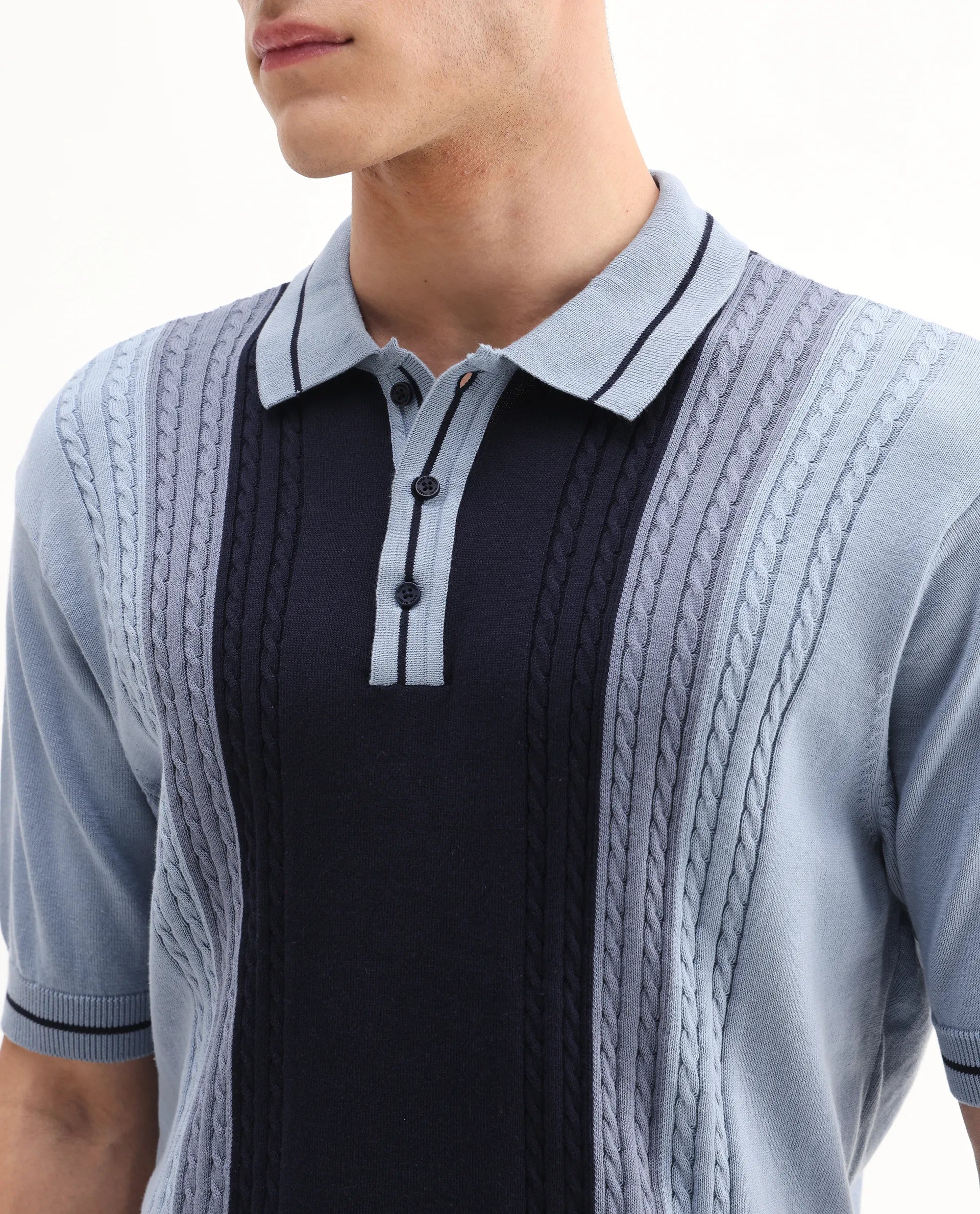 Rare Rabbit Men's Giff Dusky Blue Cotton Textured Regular Fit Half Sleeve Polo