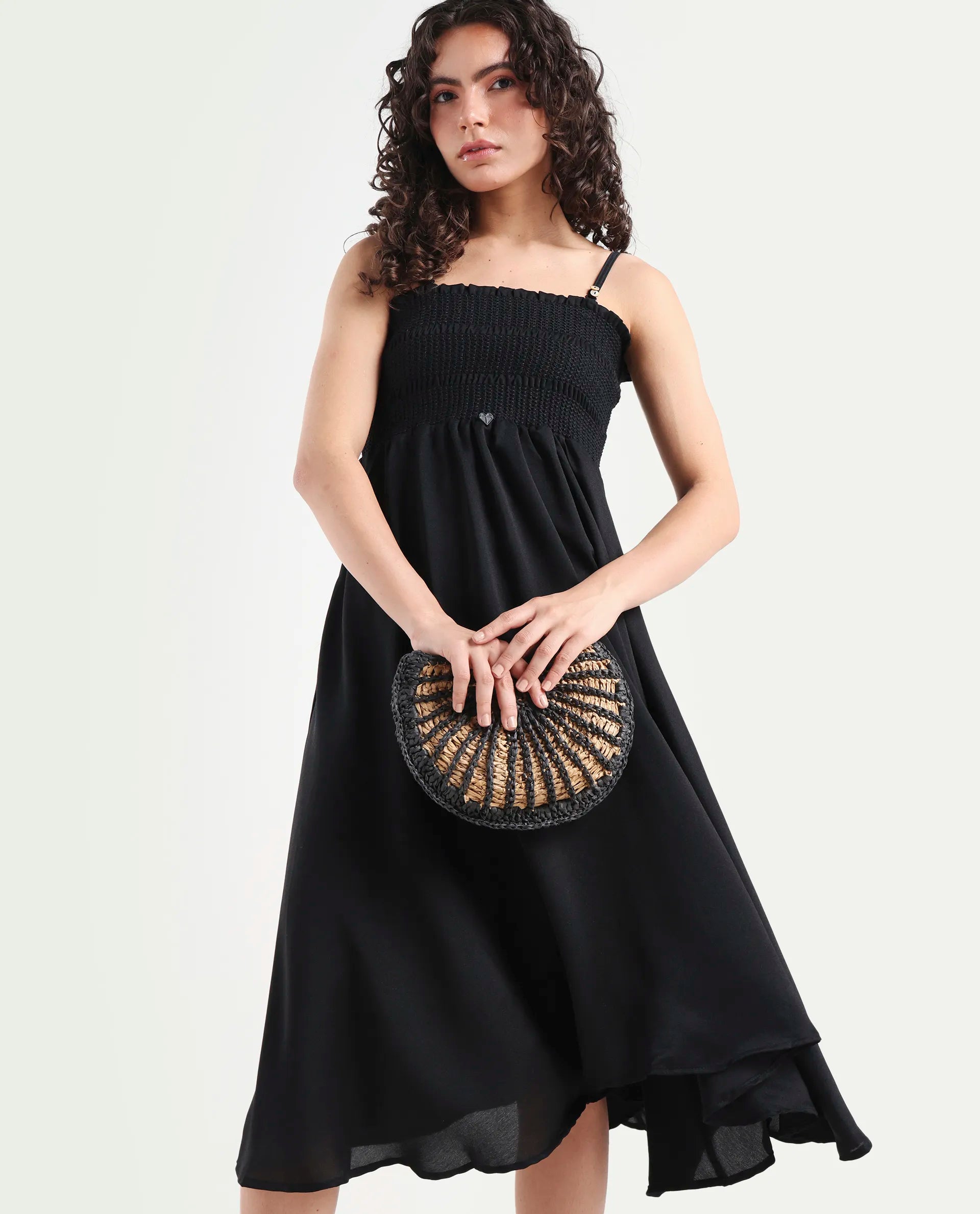 Rareism Women's Gimpel Black Viscose Blend Collarless Plain Shoulder Strap Maxi Fit And Flare Dress