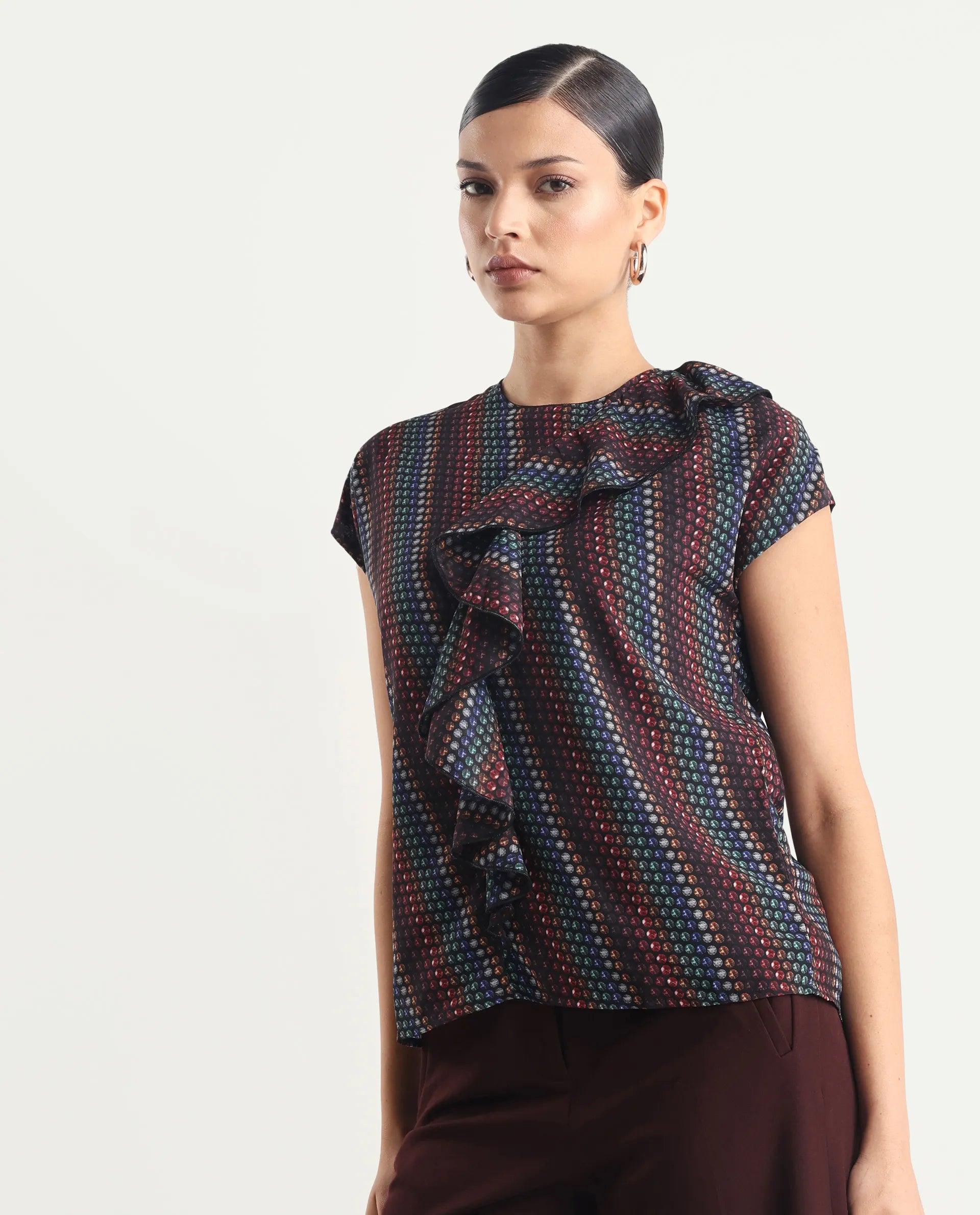 Rareism Women's Gingan Dark Multi Polyester Crew Neck Geometric Print Extended Sleeves Regular Fit Top