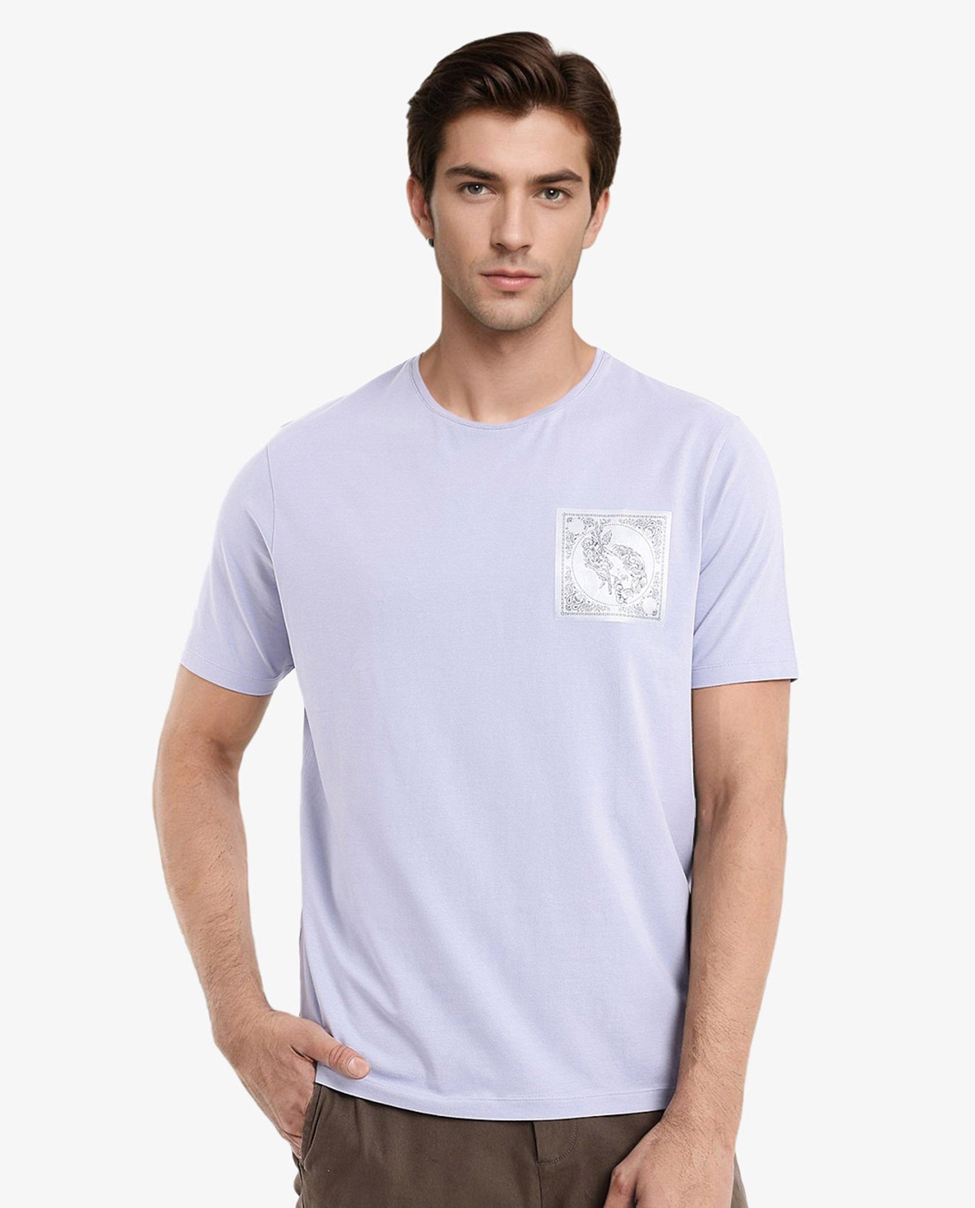 Rare Rabbit Men Gino Blue Cotton Lycra Fabric Short Sleeve Crew Neck Graphic Print T-Shirt