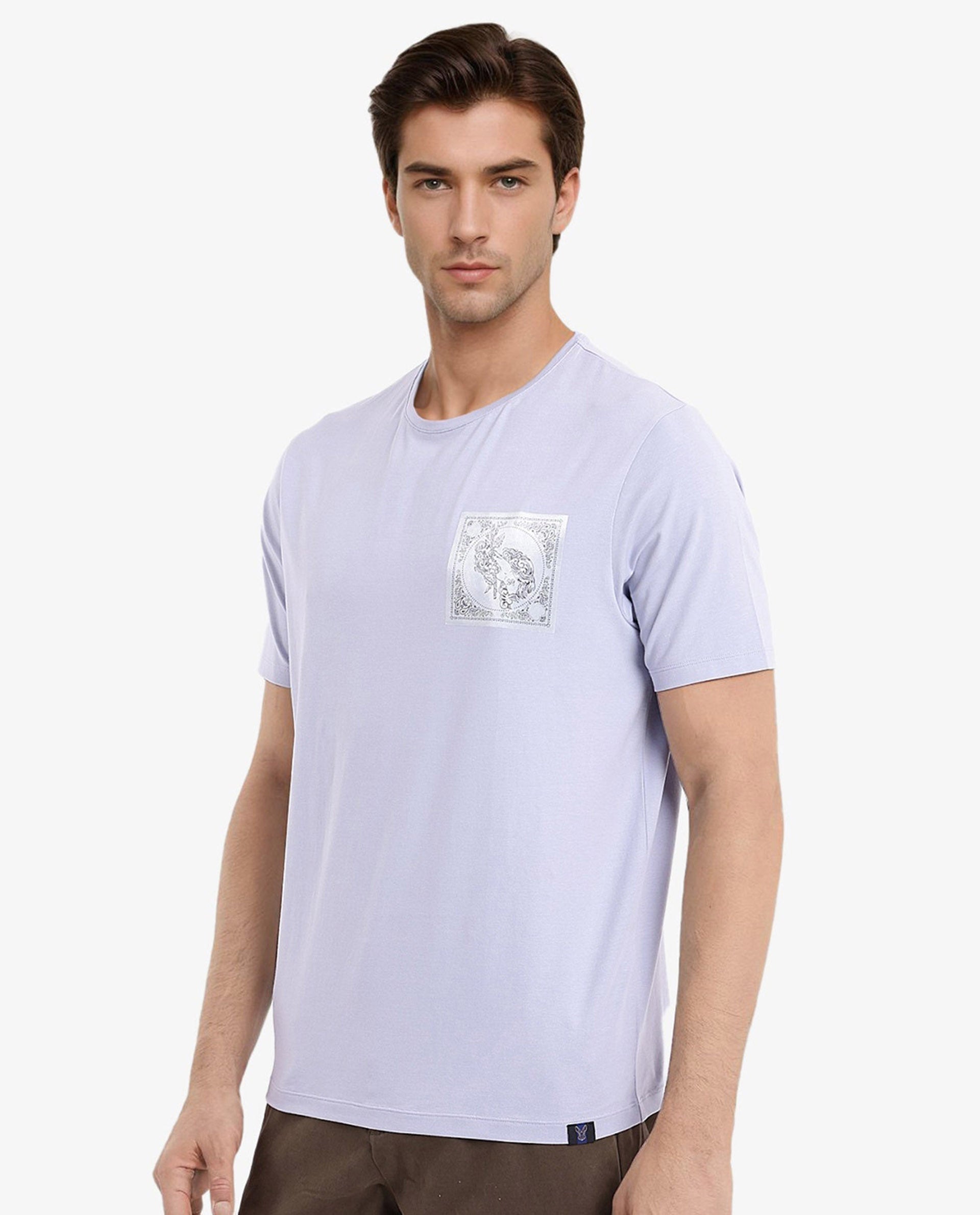 Rare Rabbit Men Gino Blue Cotton Lycra Fabric Short Sleeve Crew Neck Graphic Print T-Shirt