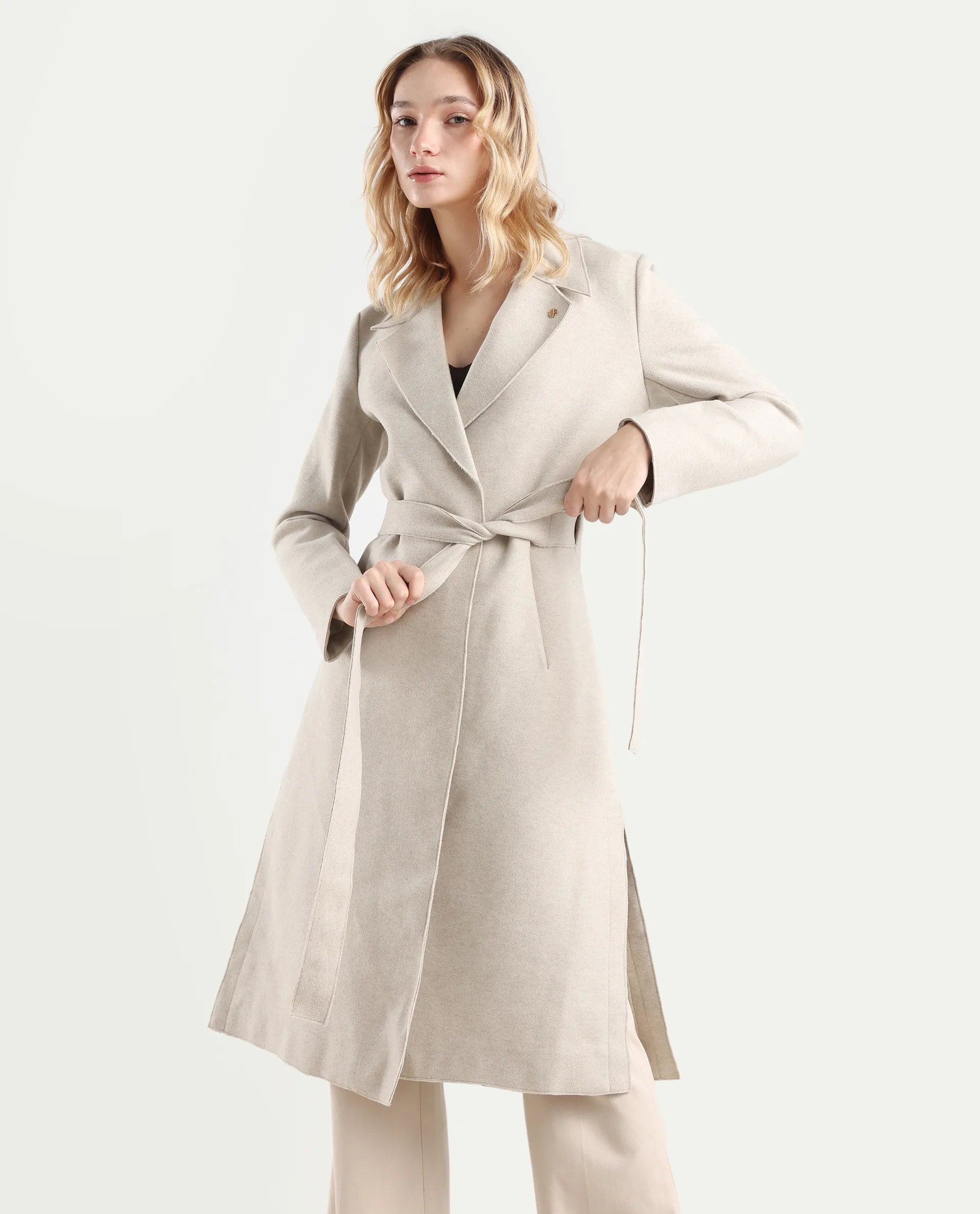 Rareism Women's Gisbory Off White Polyester Blend Lapel Collar Coat Plain Coat