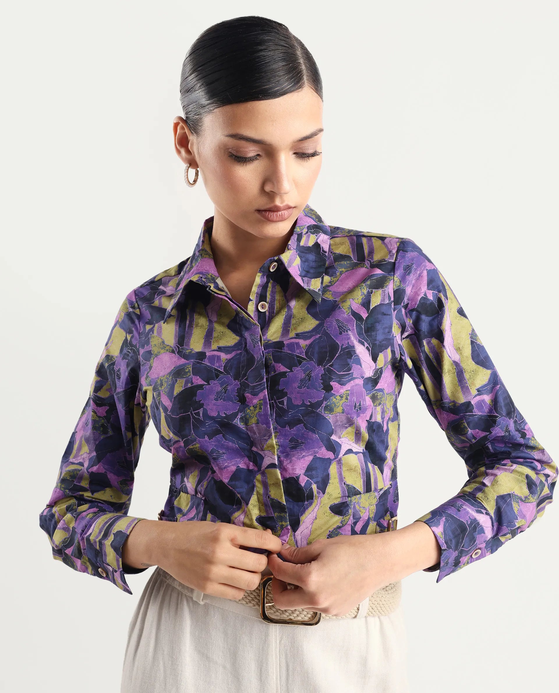 Rareism Women's Gistero Multi Cotton Spread Collar Abstract Print Cuffed Sleeve Crop Regular Fit Top