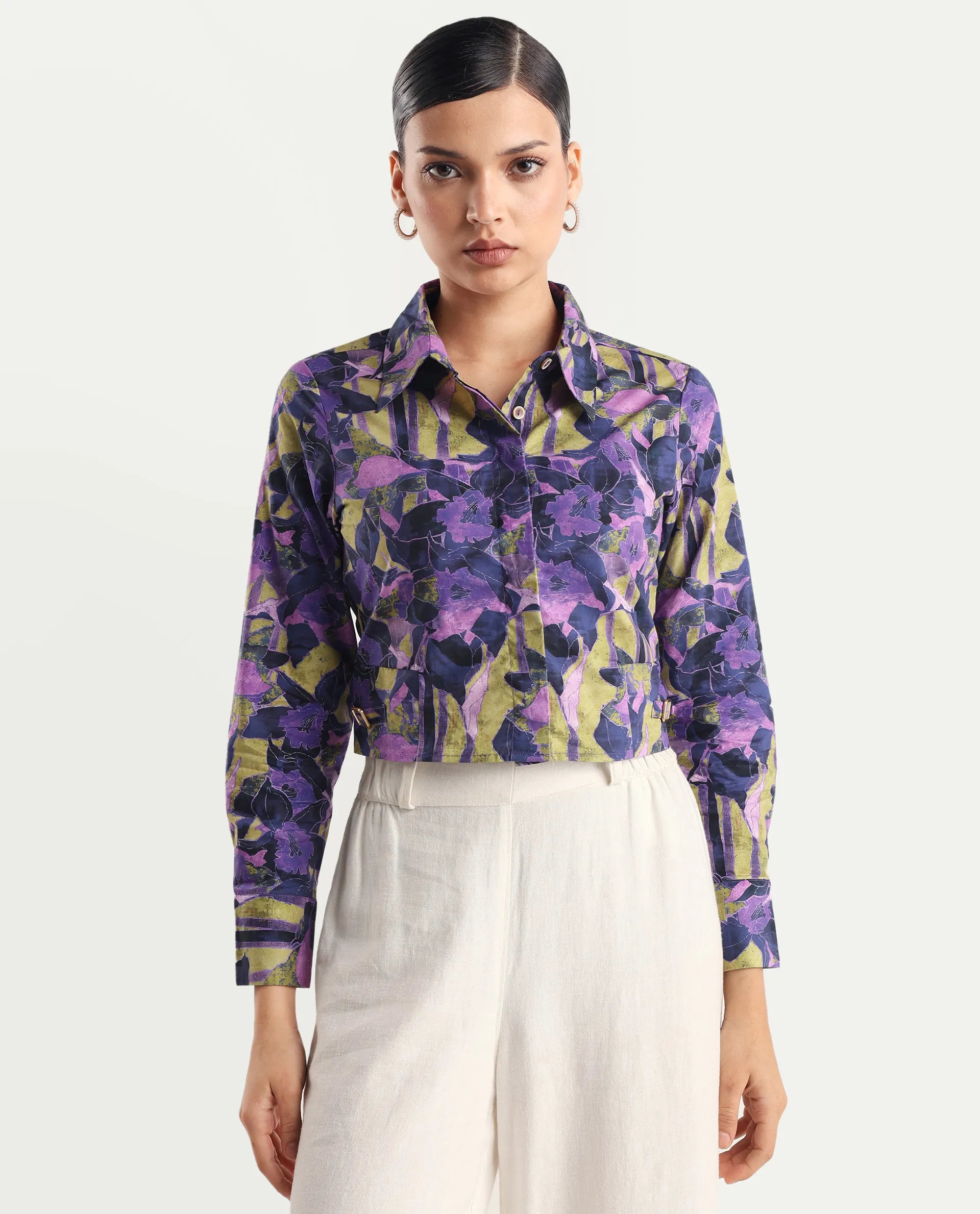 Rareism Women's Gistero Multi Cotton Spread Collar Abstract Print Cuffed Sleeve Crop Regular Fit Top