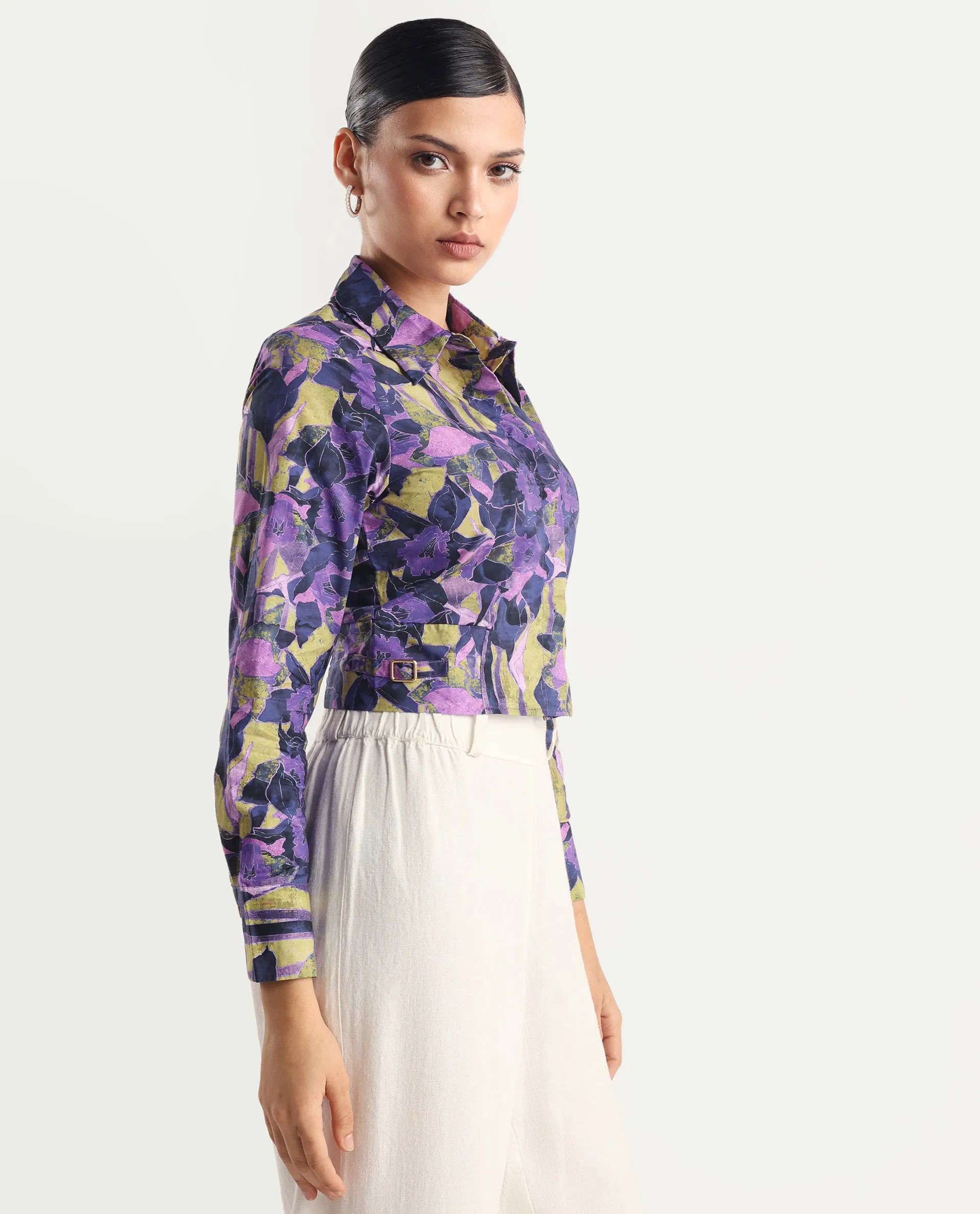 Rareism Women's Gistero Multi Cotton Spread Collar Abstract Print Cuffed Sleeve Crop Regular Fit Top