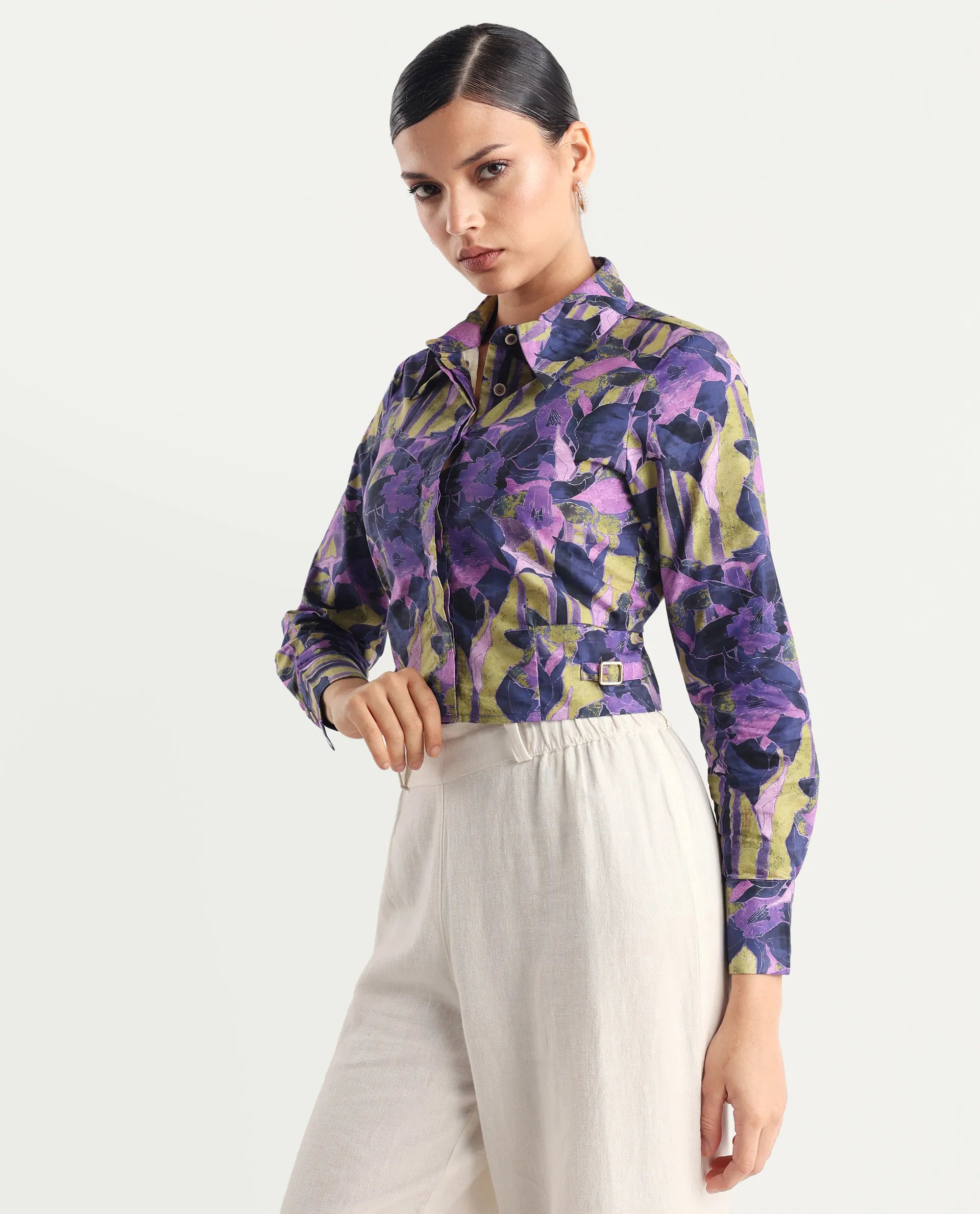 Rareism Women's Gistero Multi Cotton Spread Collar Abstract Print Cuffed Sleeve Crop Regular Fit Top