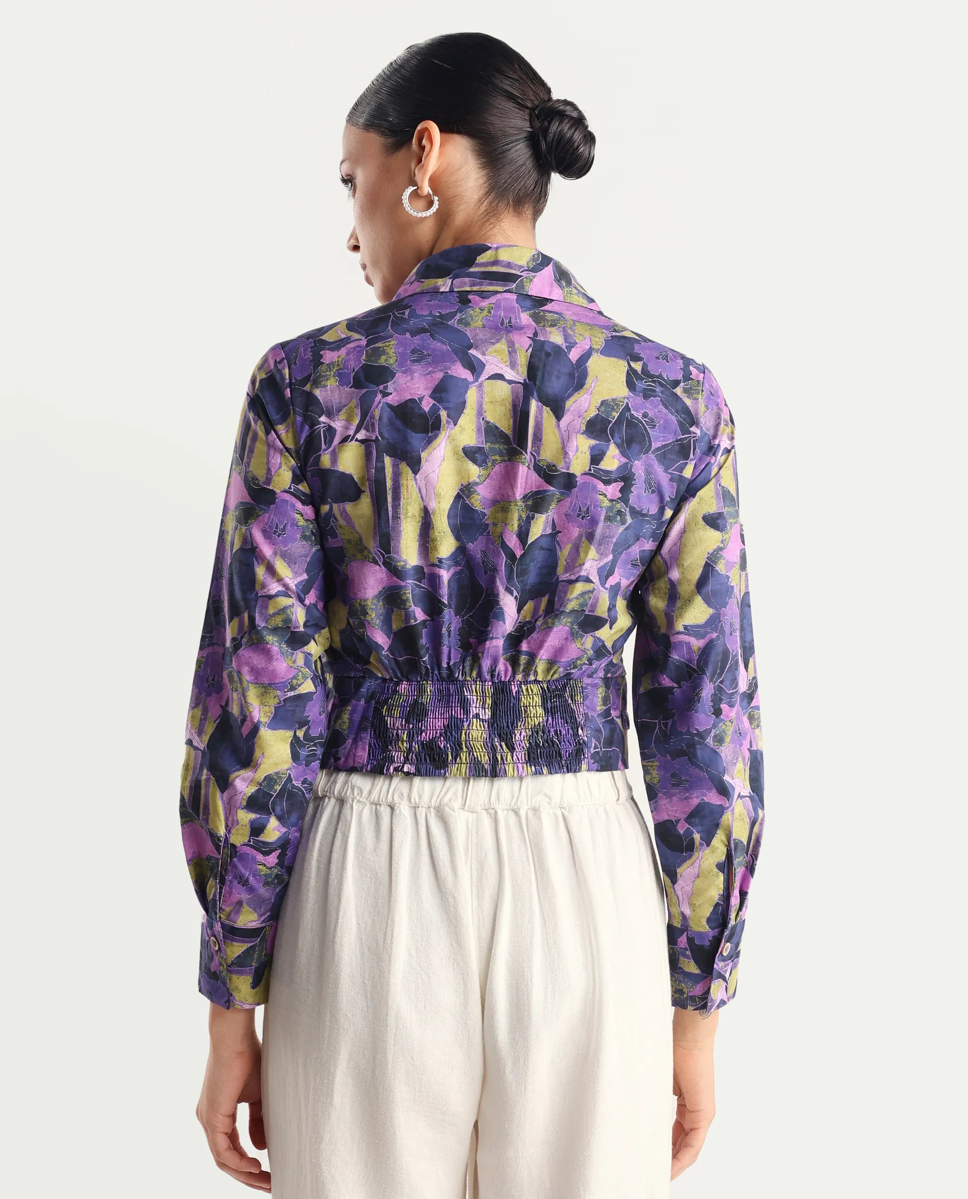 Rareism Women's Gistero Multi Cotton Spread Collar Abstract Print Cuffed Sleeve Crop Regular Fit Top